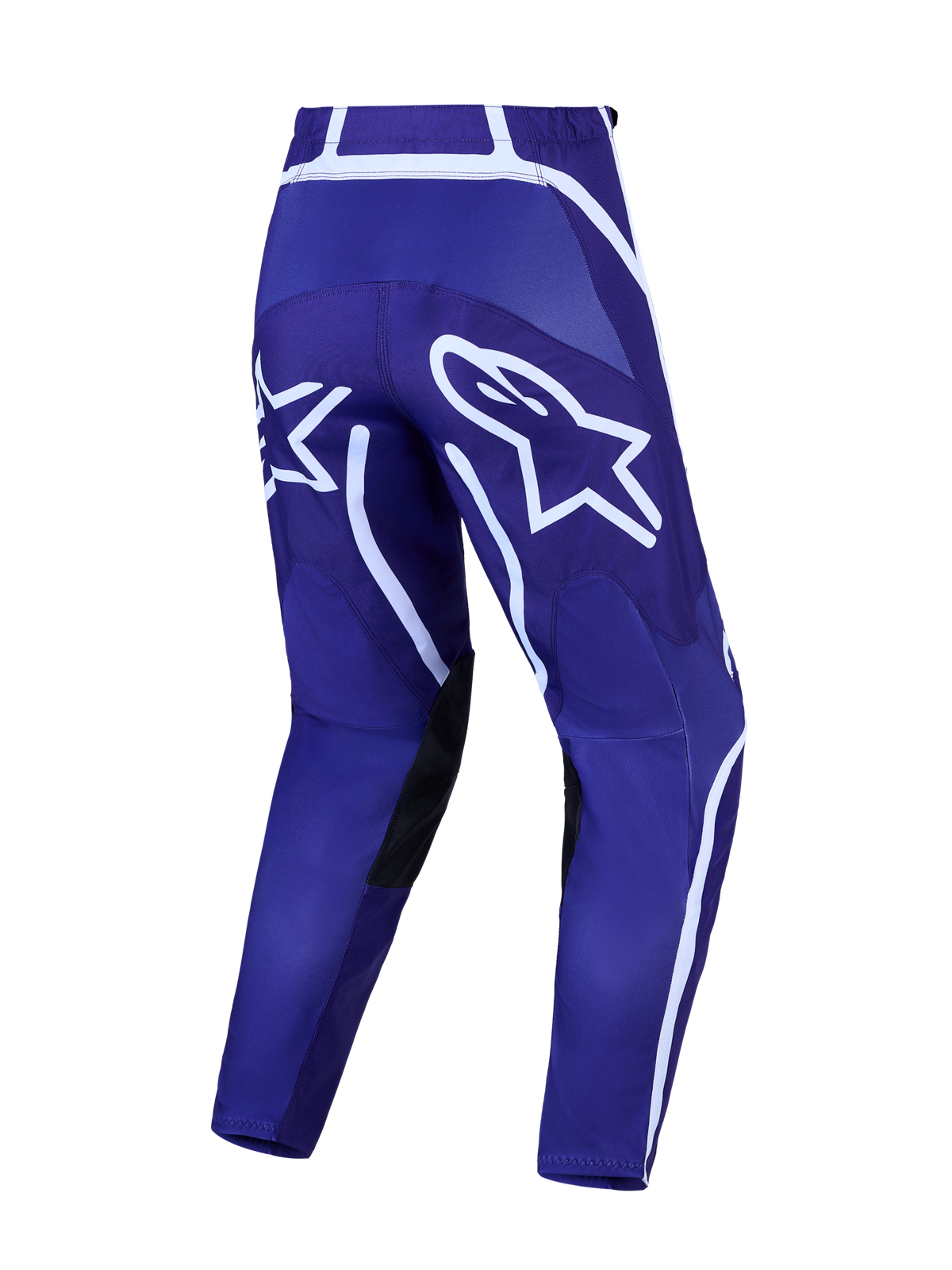 Alpinestars Fluid Apex V2, pantalon de motocross pour homme, bleu foncé et blanc, avec jambes pré-courbées et logo étoile.