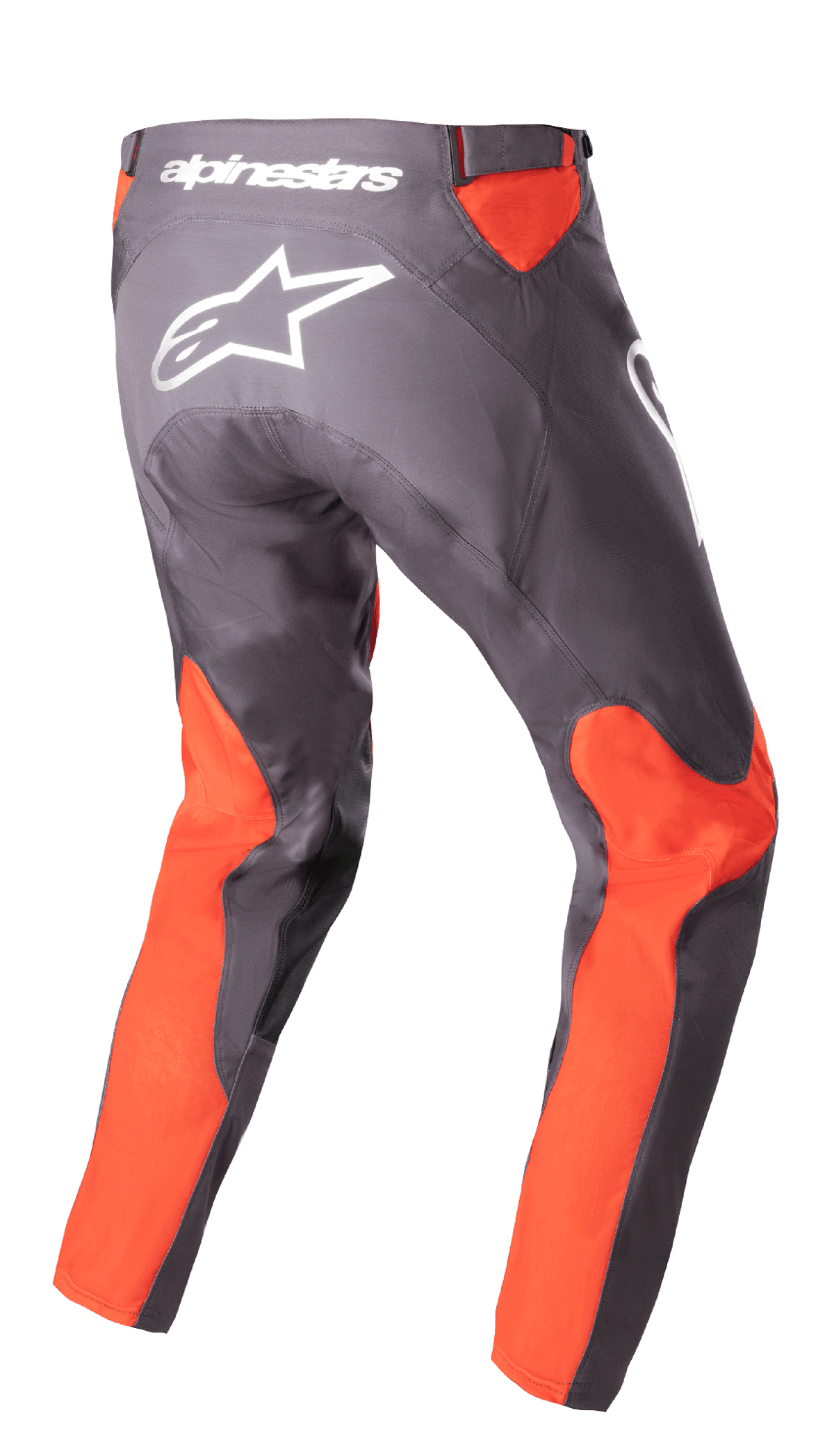Alpinestars Racer Hoen Pants 2023, pantalon de motocross, Magnet Hot Orange, vue arrière avec logo et inscription Alpinestars blancs au dos, empiècements orange vif sur les jambes et la taille, construction en poly-tissu 600D pour le pilotage tout-terrain