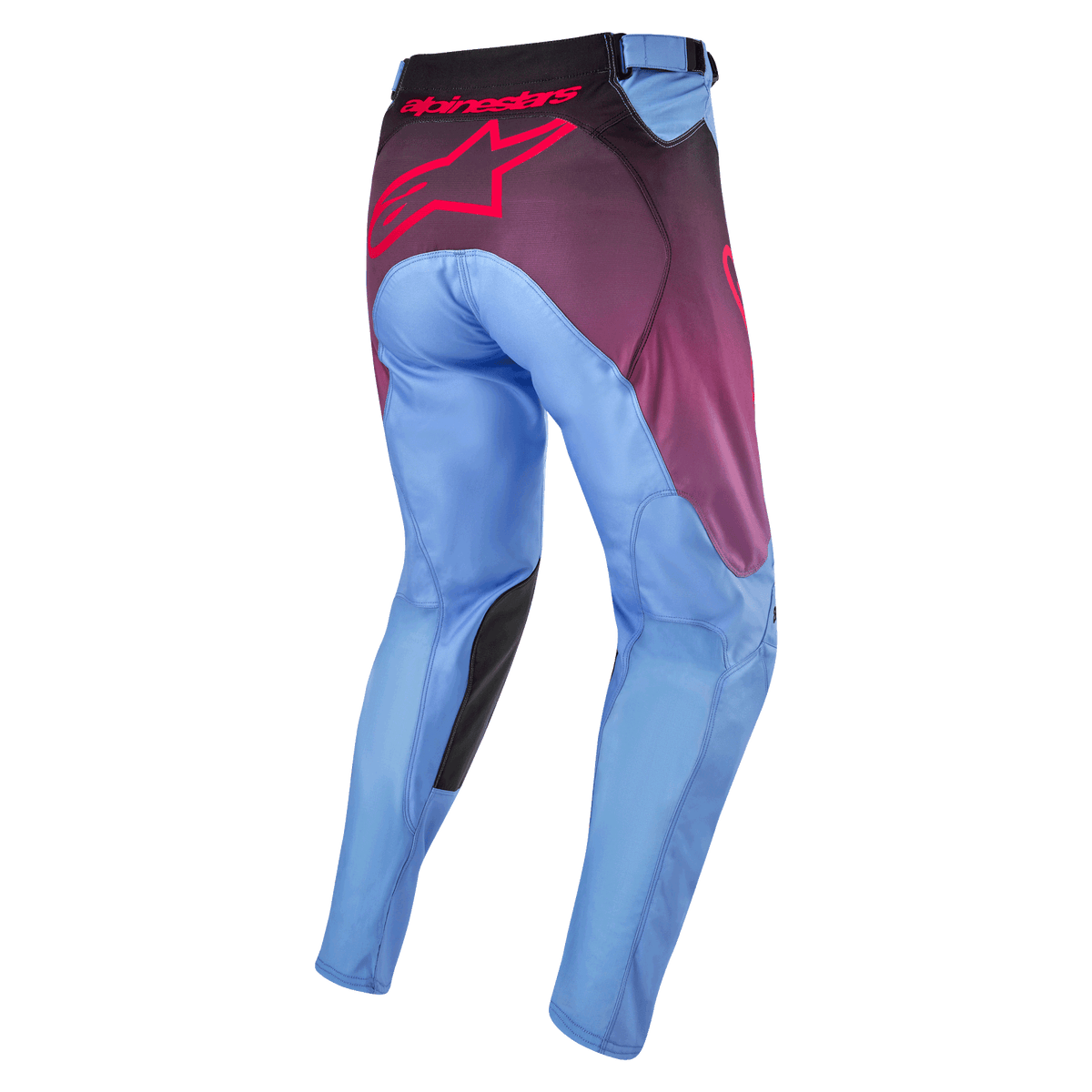 Alpinestars 2024 Racer Hoen Pants, Motocross Pants, Lavan Purple and Black, rear view featuring light blue legs, large pink Alpinestars logo on the seat, black inner knee panels, and ergonomic pre-curved construction for off-road riding