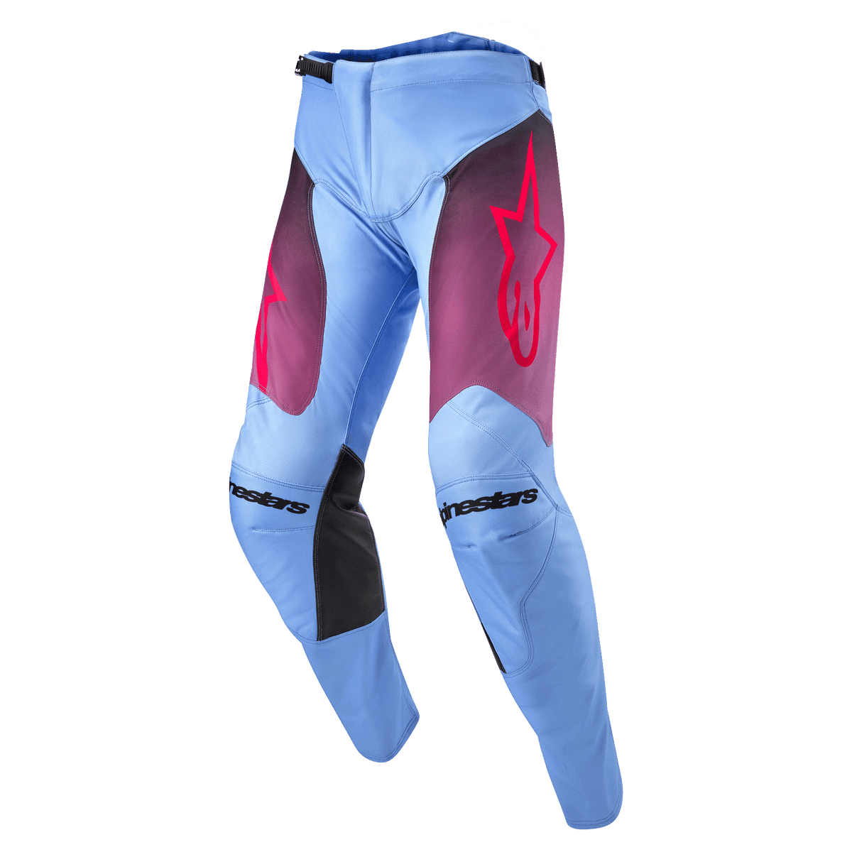 Alpinestars 2024 Racer Hoen Pants, Motocross Pants, Lavan Purple and Black, light blue lavender chassis with purple fade thigh panels and pink star logo, black inner knee panels, pre-curved ergonomic design for off-road performance