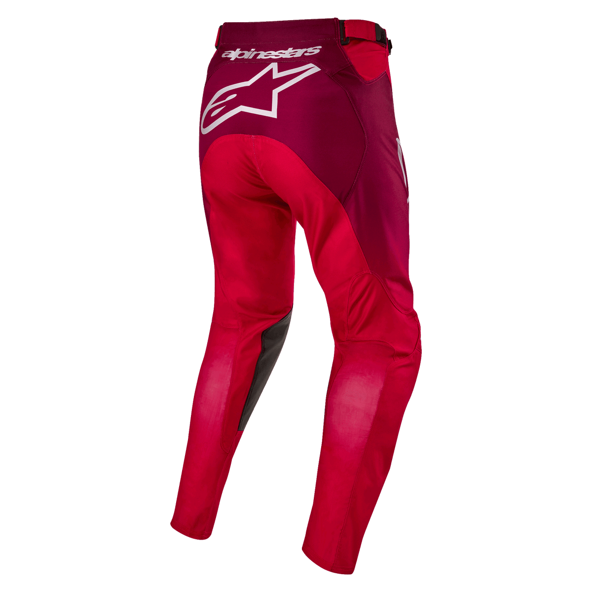 Alpinestars Racer Hoen 2024, pantalon de motocross, rouge Mars et bordeaux, vue arrière montrant un grand logo Alpinestars blanc sur l'assise, construction ergonomique des jambes pré-courbée, textile durable pour la course tout-terrain