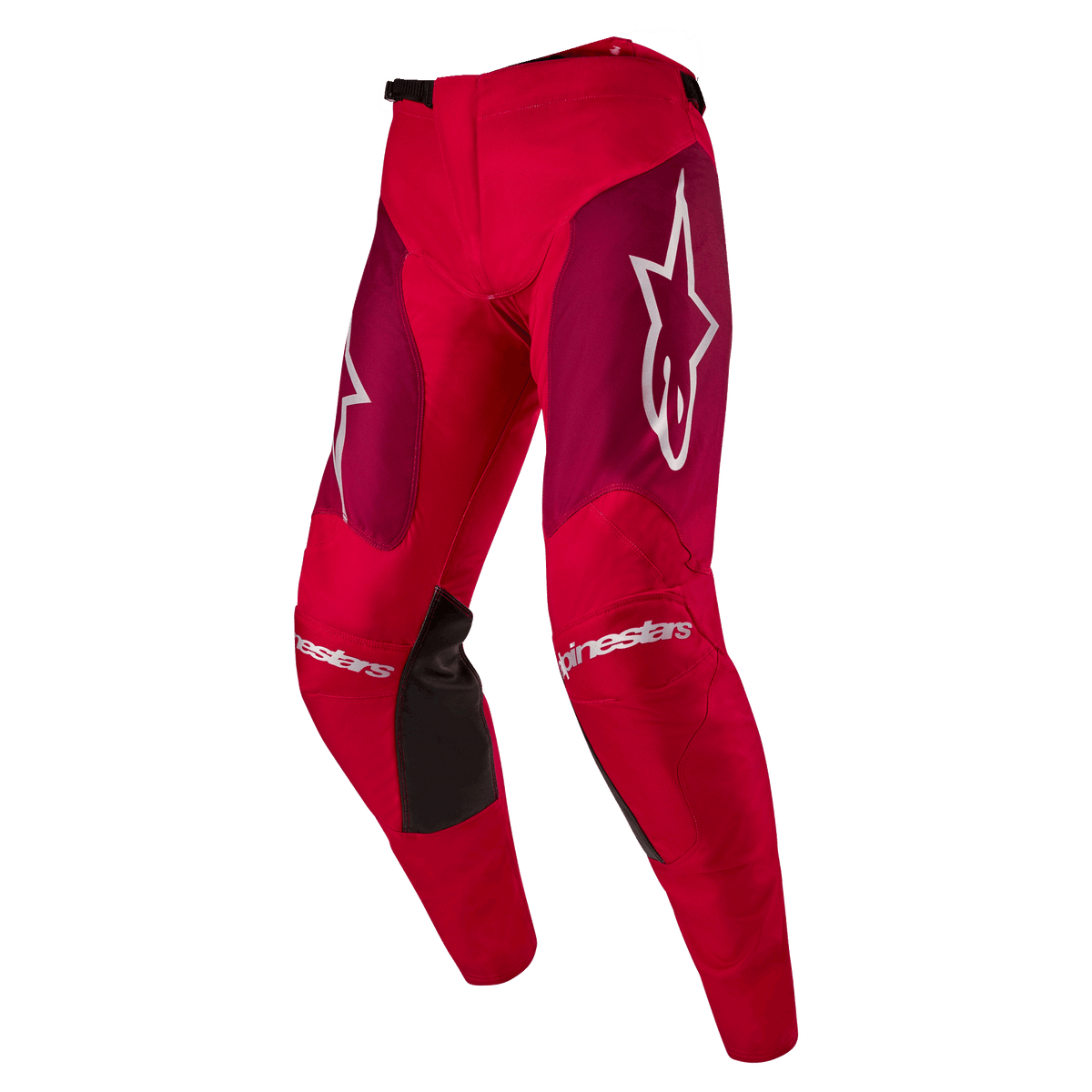 Pantalon Alpinestars 2024 Racer Hoen, pantalon de motocross, coloris Mars Red Burgundy, avec empiècements bordeaux sur les cuisses et logos Alpinestars blancs sur les genoux et les hanches, panneaux de préhension noirs à l'intérieur des genoux, design sportif pré-courbé pour la performance tout-terrain