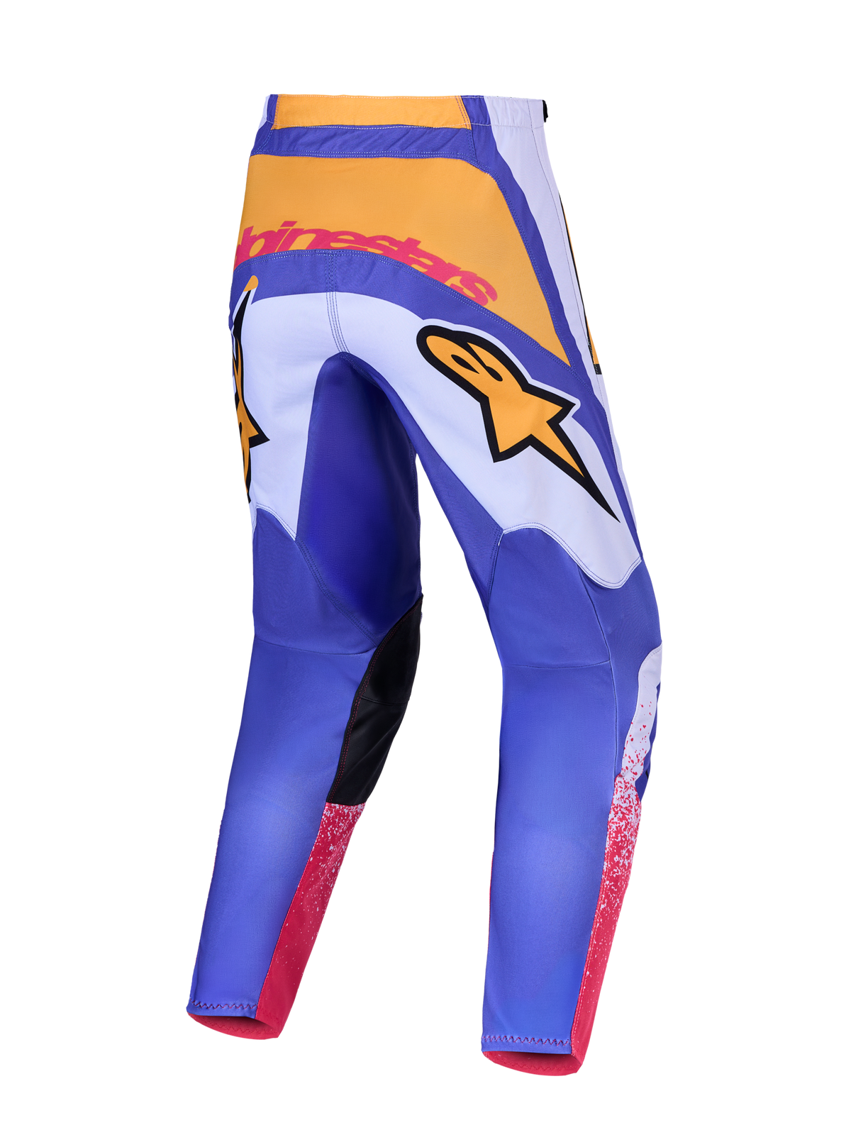 Alpinestars Fluid Drag, pantalon de motocross pour homme, bleu et jaune, avec motif 3D ergonomique pré-courbé, vue de dos.