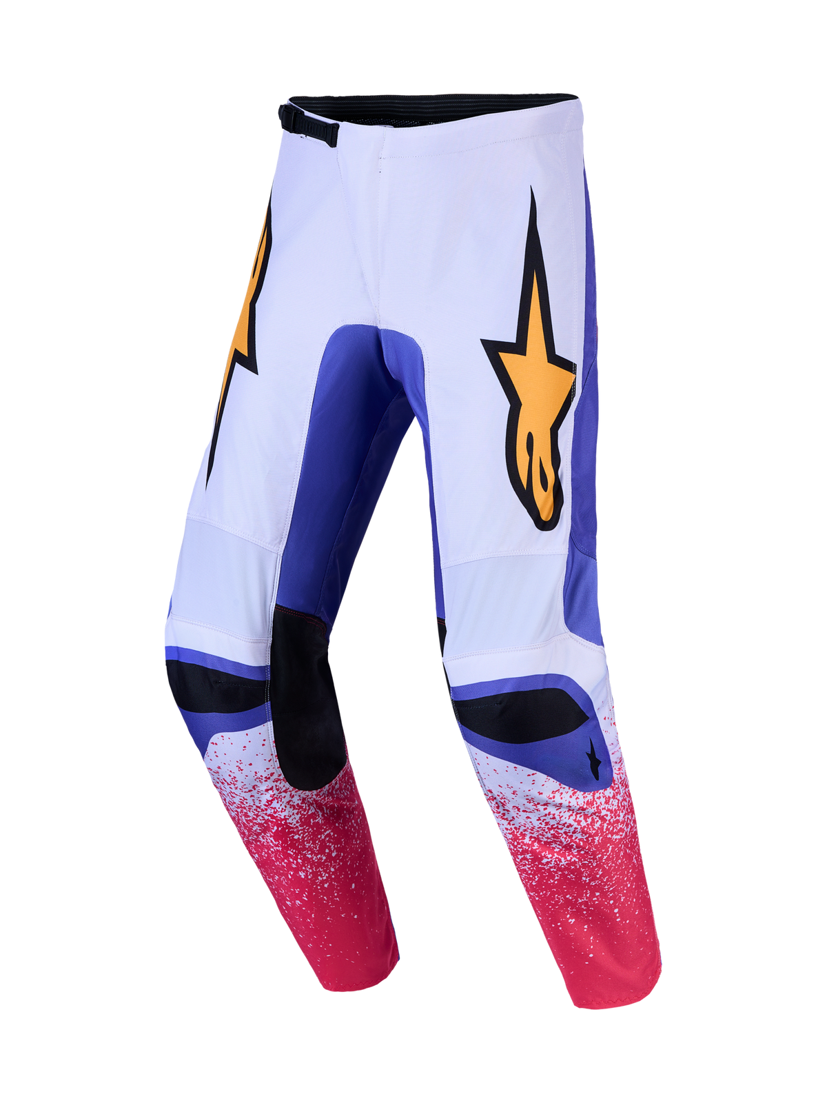 Alpinestars Fluid Drag, pantalon de motocross blanc et bleu avec graphismes roses mouchetés et logo étoile jaune