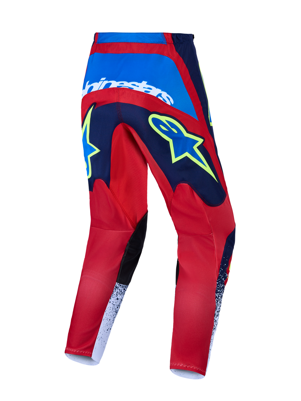 Alpinestars Fluid Drag, pantalon de motocross rouge et bleu, graphismes jaunes, assise renforcée tout-terrain, vue de dos