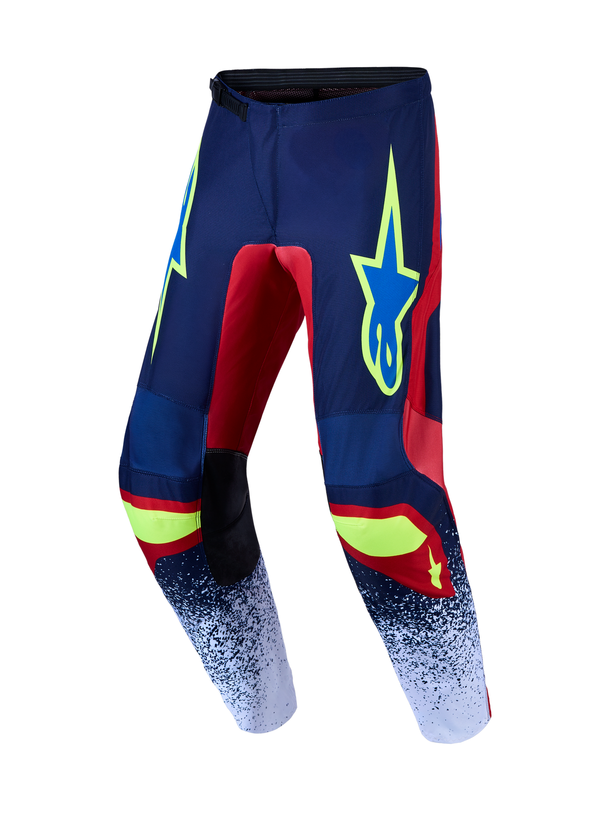 Alpinestars Fluid Drag 2027, pantalon de motocross bleu marine et rouge avec accents jaune néon, en poly-tissu protecteur