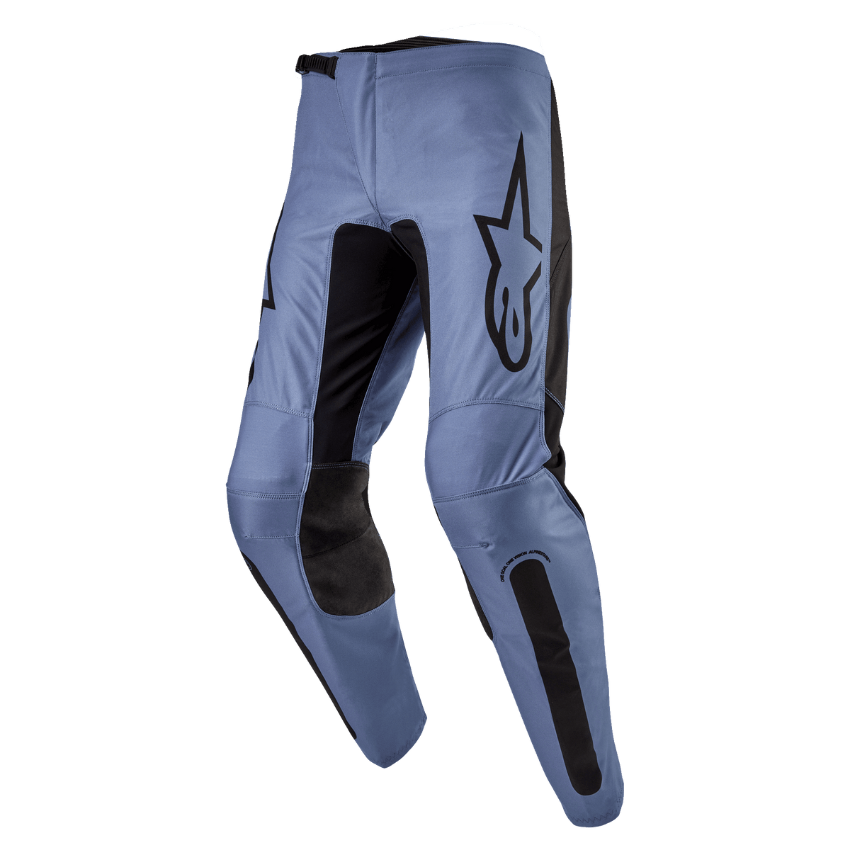 Alpinestars 2024 Fluid Lurv Pants, Motocross Pants, Light Blue and Black, featuring a large black Alpinestars logo on the thigh, black reinforced inner knee panels, and ergonomic pre-curved leg design for off-road riding.