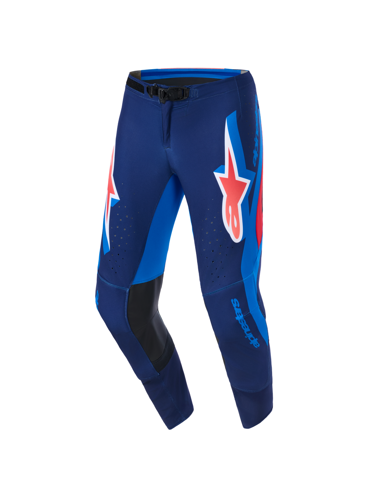 Alpinestars 2026 Supertech Vista Pants, Motocross Pants, Dark Navy Hot Coral Cobalt, featuring a large coral Astars logo on the thighs, bright blue side panels, black leather inner knee reinforcements, and laser-cut perforations for ventilation, designed for elite performance racing.