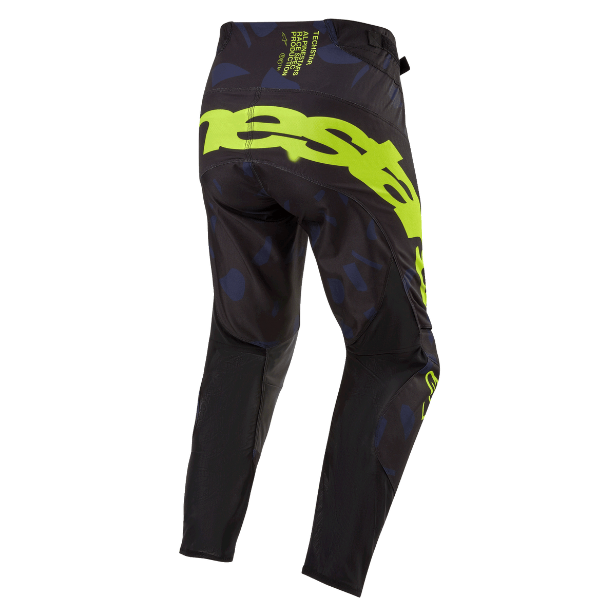 Alpinestars Techstar Rantera 2024, pantalon de motocross, noir, bleu marine et jaune fluo, vue arrière présentant un marquage jaune fluo audacieux sur l'assise, des empiècements à motifs bleu marine et un tissu technique noir pour la performance en course tout-terrain