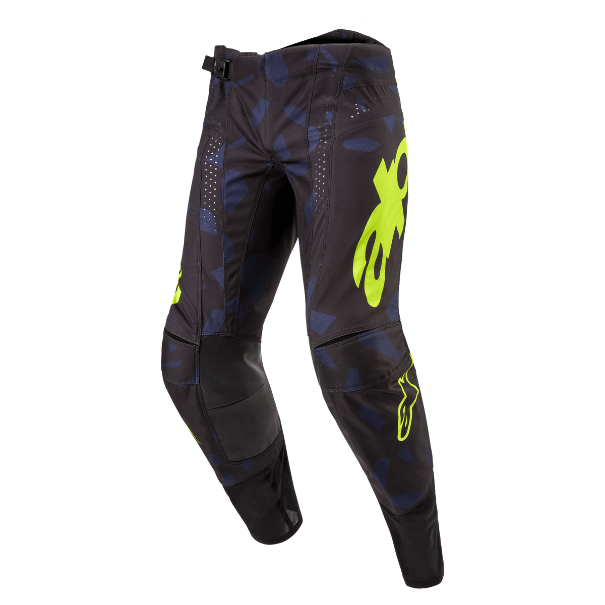Alpinestars Techstar Rantera Pants 2024, pantalon de motocross, noir, bleu marine et jaune fluo, avec logo jaune vif, perforations découpées au laser pour la circulation de l'air et empiècements renforcés aux genoux, design inspiré de la course pour la performance en motocross