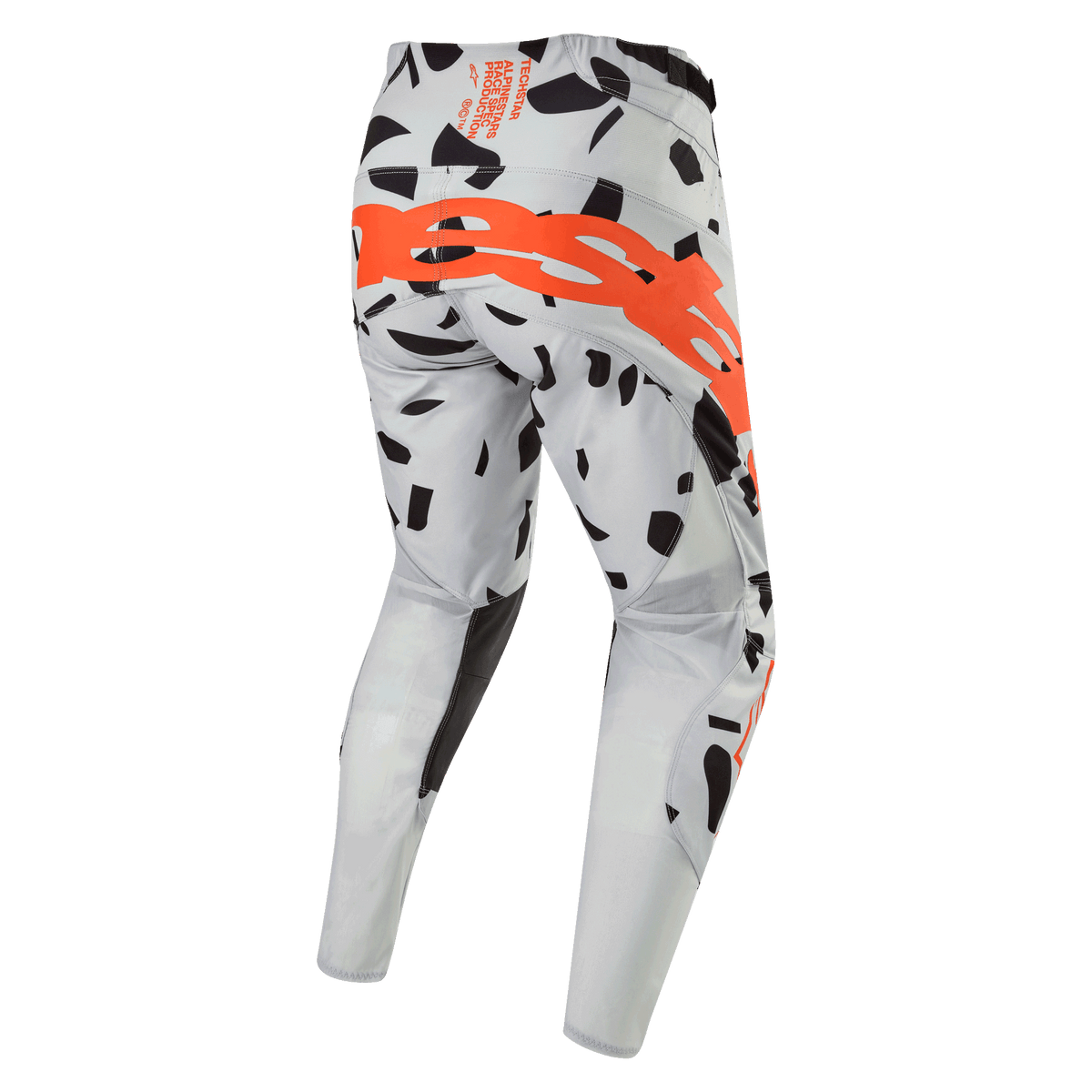 Alpinestars 2024 Techstar Rantera Pants, pantalon de motocross, Haze Gray Camo, vue arrière montrant un grand logo orange sur l'assise, motifs graphiques noirs sur tissu gris, conception athlétique pour la performance tout-terrain