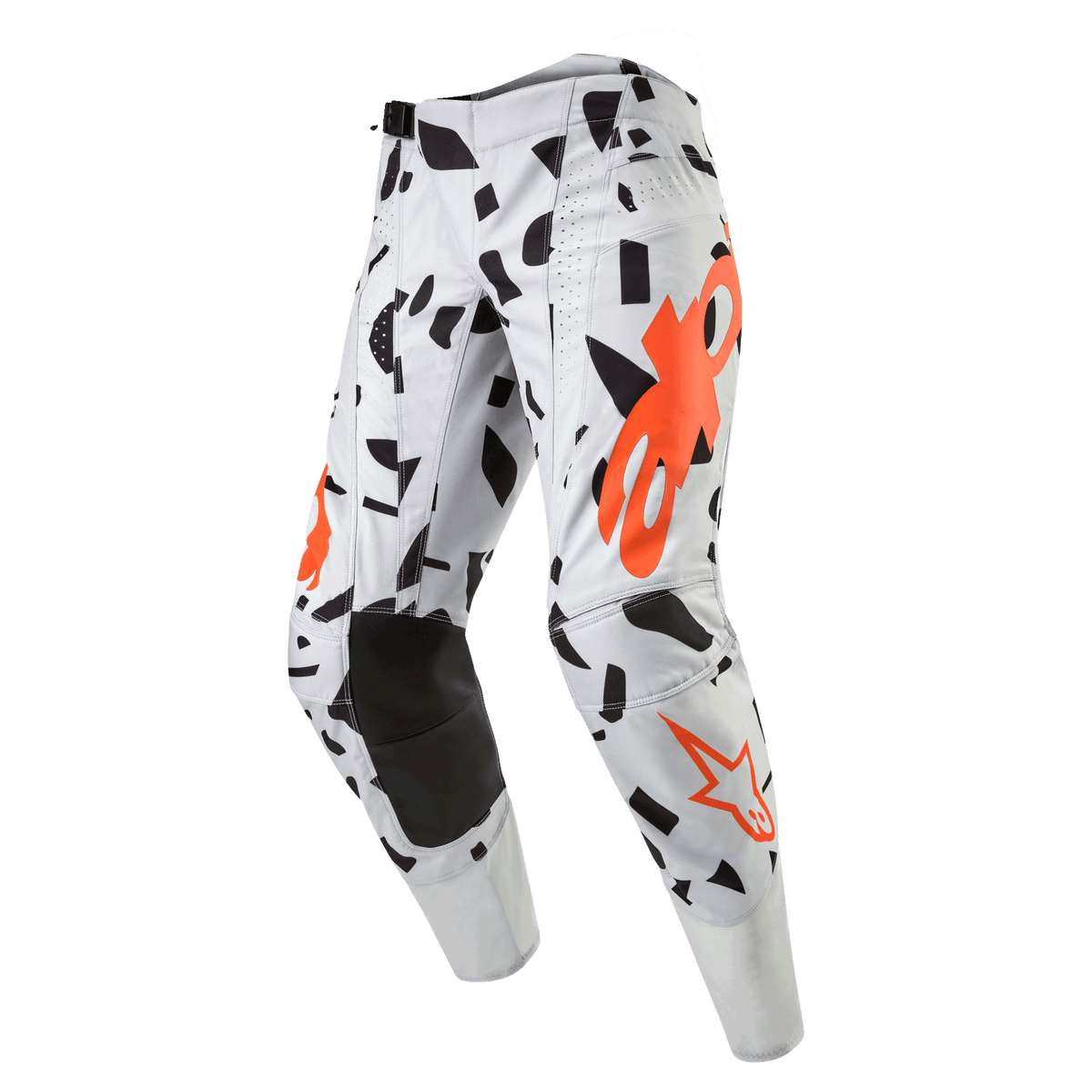 Pantalon Alpinestars Techstar Rantera 2024, pantalon de motocross, Haze Gray Camo, gris clair avec des motifs abstraits noirs et des logos orange, genoux renforcés noirs, équipement de course tout-terrain professionnel