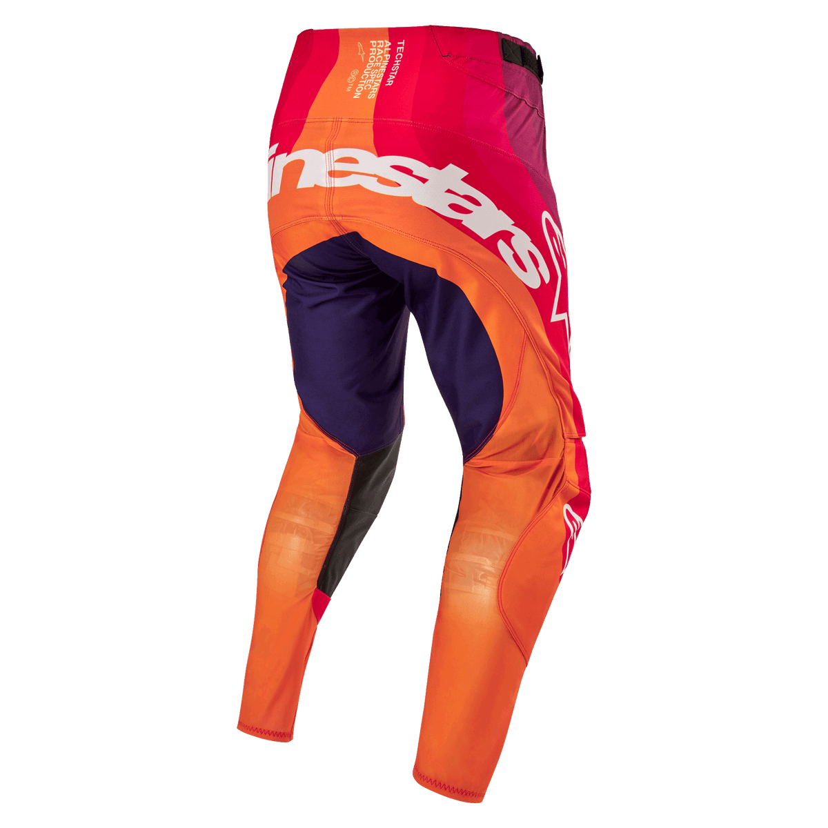 Alpinestars 2024 Techstar Pneuma Pants, pantalon de motocross, violet foncé, orange et bleu profond, logo blanc Alpinestars à l'arrière, équipement de protection durable pour tout-terrain