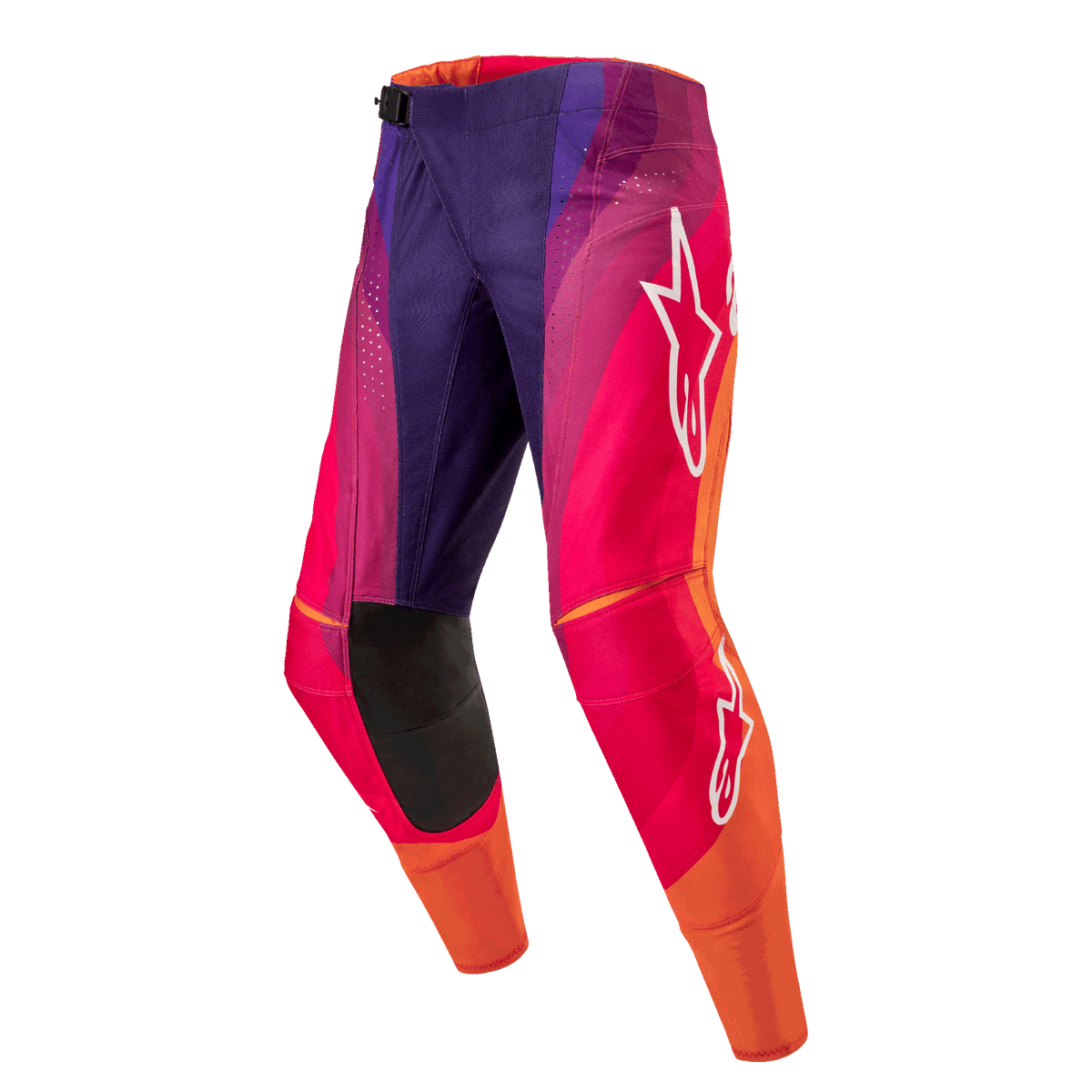 Alpinestars 2024 Techstar Pneuma Pants, pantalon de motocross, dégradé de violet, orange et bleu, logos Alpinestars blancs sur les jambes, équipement de performance durable pour le tout-terrain
