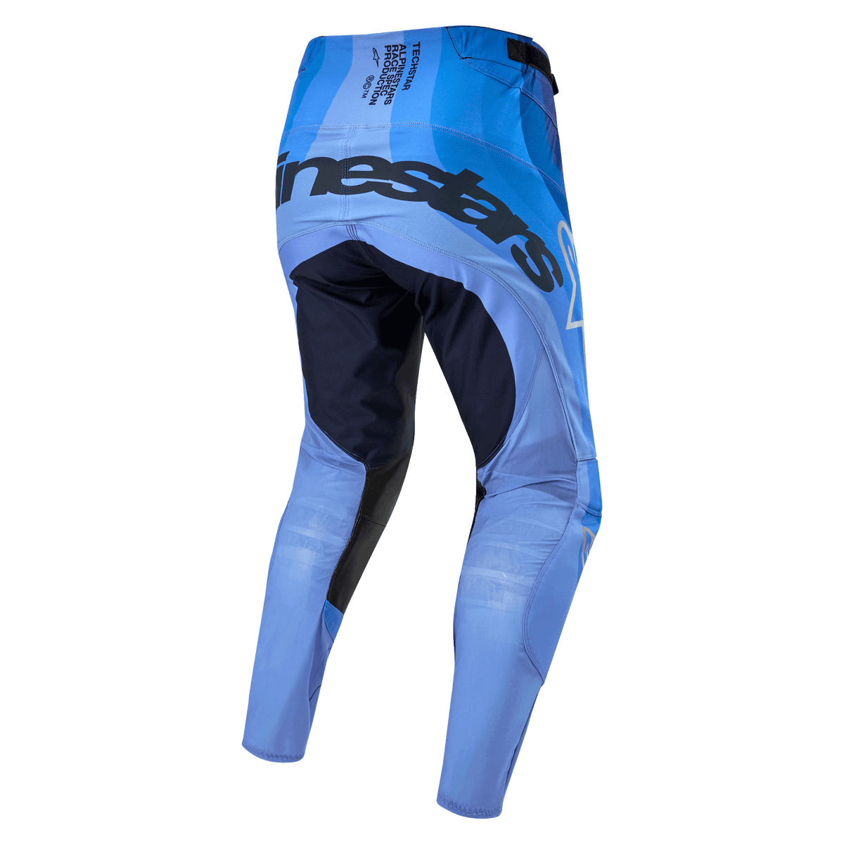 Pantalon Alpinestars Techstar Pneuma 2024, pantalon de motocross, bleu marine foncé et bleu clair, vue arrière avec marquage imposant sur l'assise, empiècements renforcés bleu marine à l'intérieur des cuisses et châssis léger bleu clair pour la performance tout-terrain.