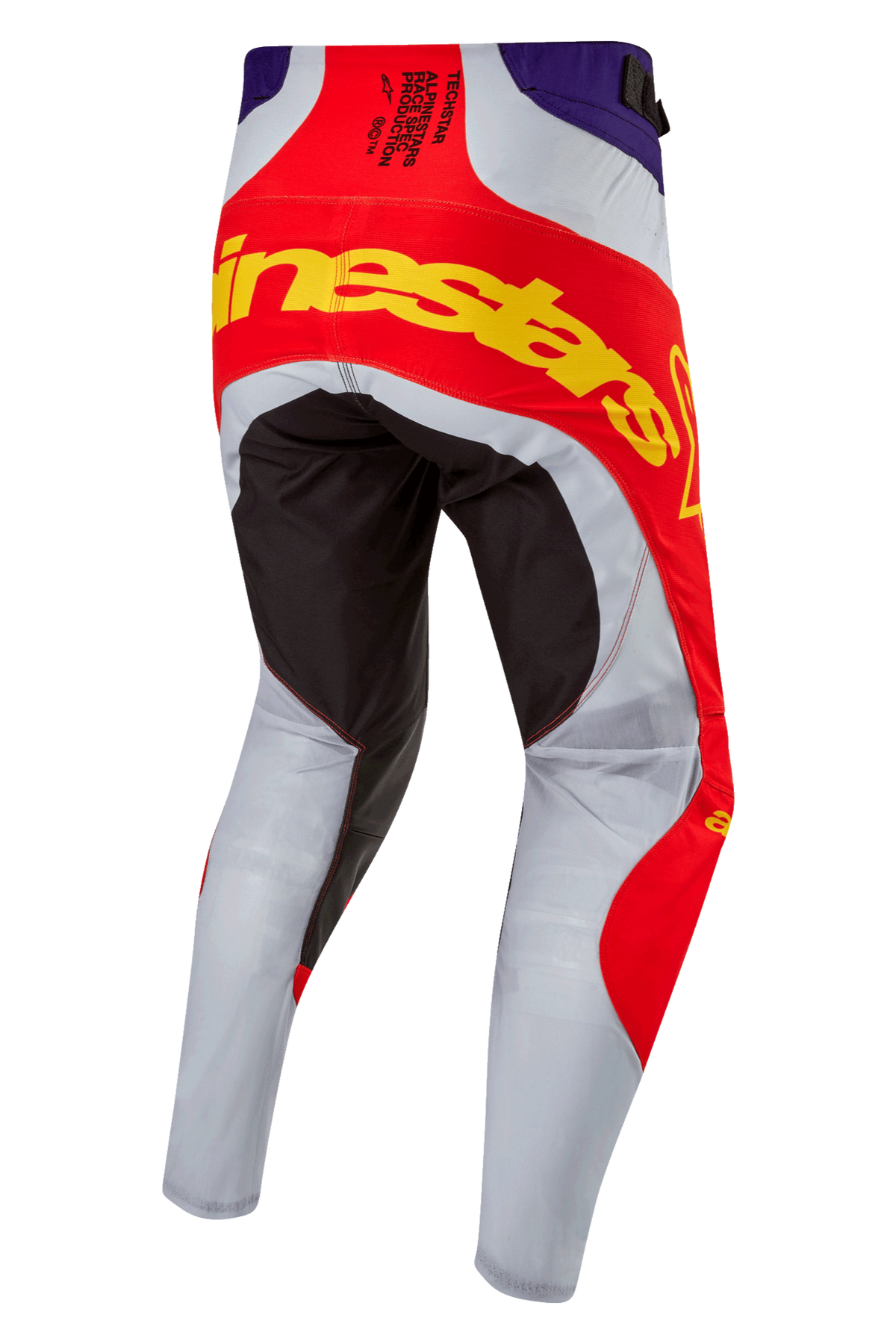 Alpinestars 2024 Techstar Ocuri Pants, pantalon de motocross, orange vif, violet et noir, vue arrière avec marquage jaune vif sur l'assise, empiècements renforcés noirs et jambes ventilées gris clair