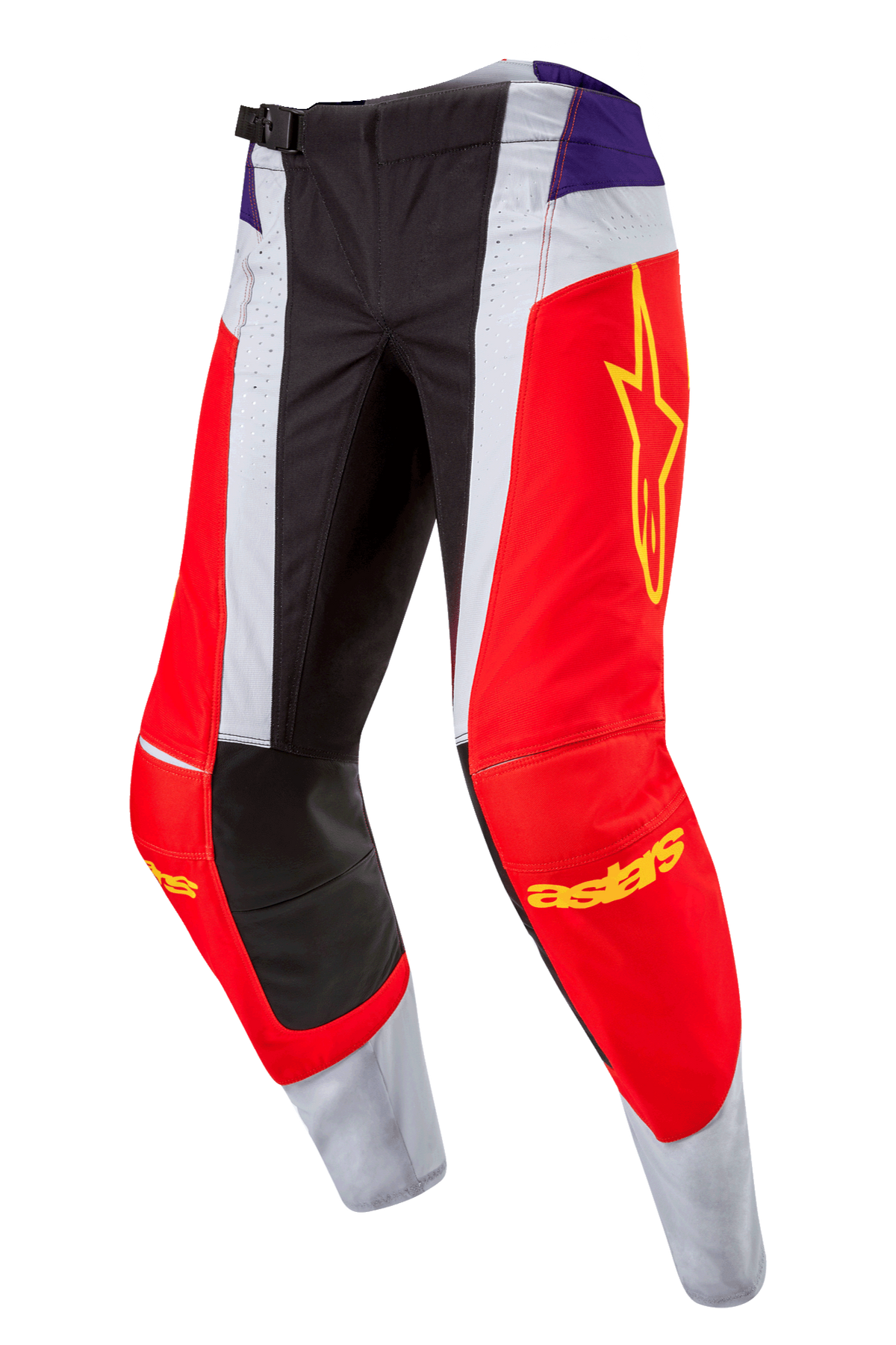 Alpinestars Techstar Ocuri Pants 2024, pantalon de motocross, orange vif, violet et noir, avec panneaux rouges et blancs, accents violets aux hanches, logo étoile jaune sur la cuisse, genoux renforcés noirs, design athlétique pour la course tout-terrain