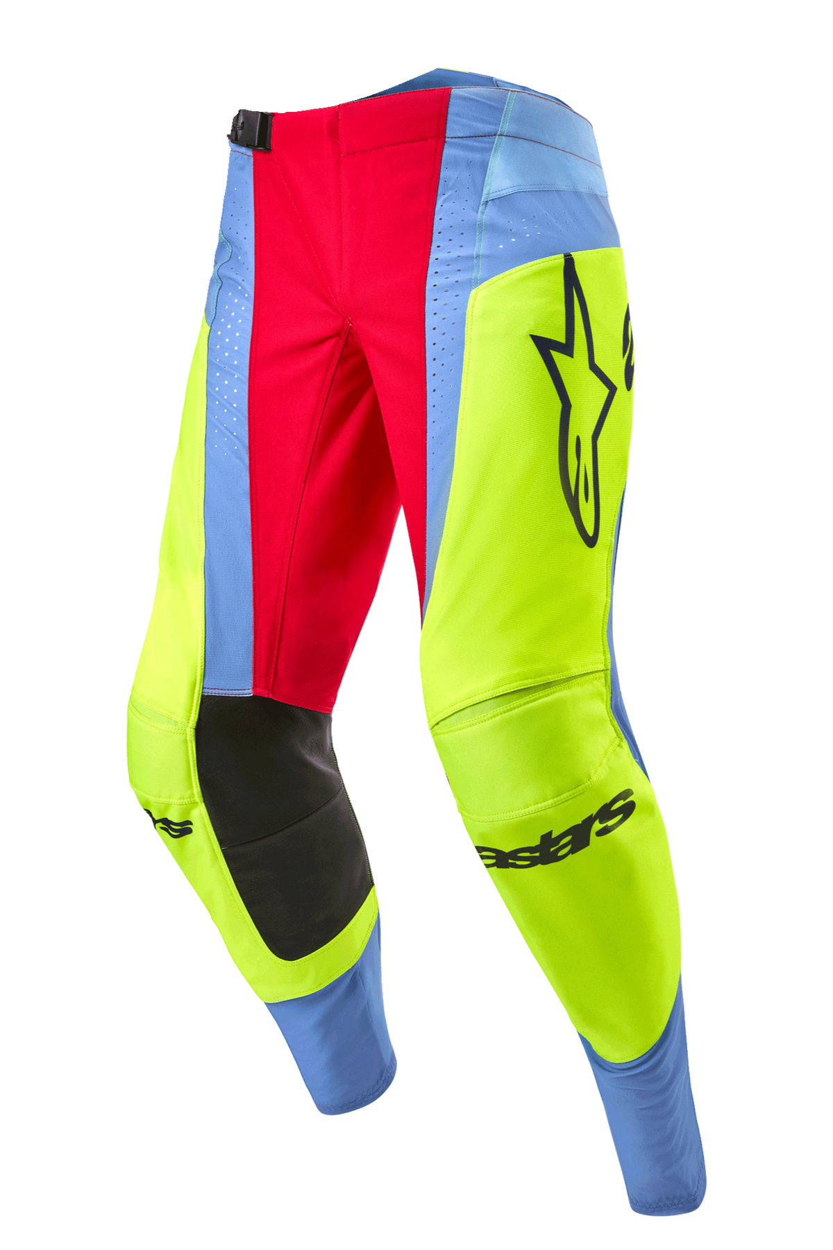 Alpinestars Techstar Ocuri 2024, pantalon de motocross, bleu clair, jaune fluo et rouge baie, avec empiècements noirs à l'intérieur des genoux, logo Alpinestars distinctif et panneaux multicolores éclatants pour la course tout-terrain