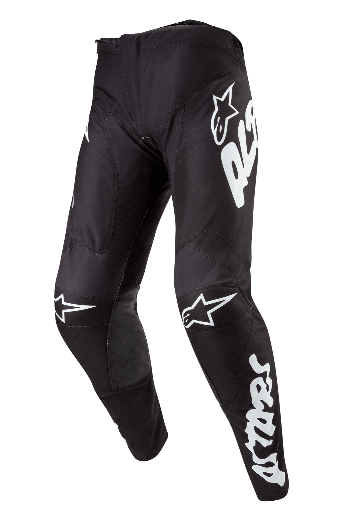 Alpinestars 2024 Racer Hana Pants, pantalon de motocross, noir et blanc avec logos blancs distinctifs sur les cuisses et les genoux, design ergonomique pour la conduite tout-terrain.