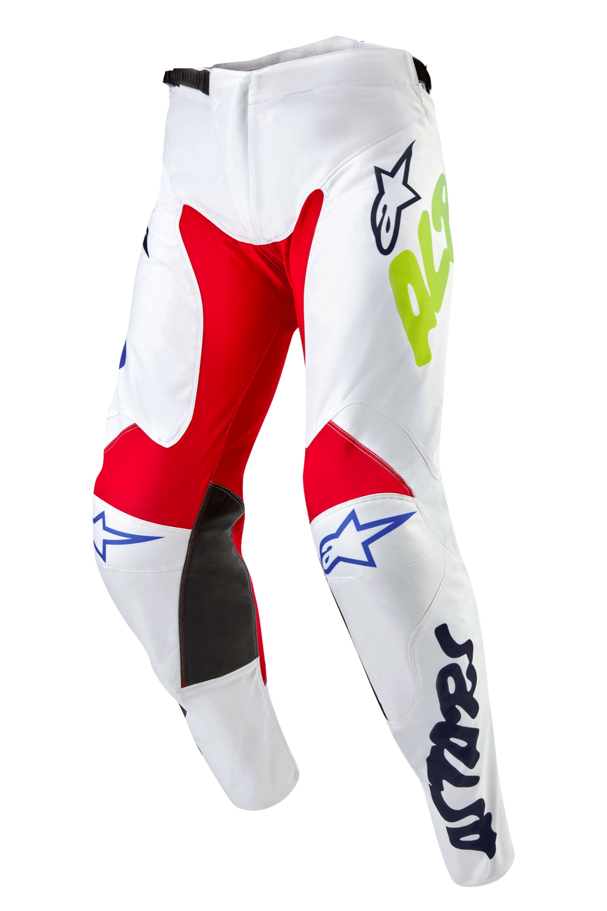 Pantalon Alpinestars Racer Hana 2024, pantalon de motocross, blanc multicolore, avec panneaux intérieurs aux genoux rouges et noirs, logos Astars bleus et marquage jaune néon, conception pré-courbée avec fermeture à cliquet à la taille, équipement textile durable pour la course tout-terrain