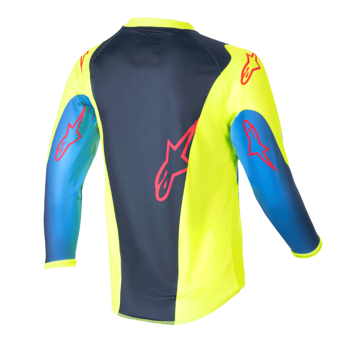 Alpinestars Kids 2024 Racer Graphic 1 Jersey, maillot de motocross, jaune fluo et bleu marine Night Navy, vue arrière montrant les logos d'étoiles rouges, design dynamique avec panneau central bleu marine et côtés jaunes, poly-tissu léger pour la conduite tout-terrain