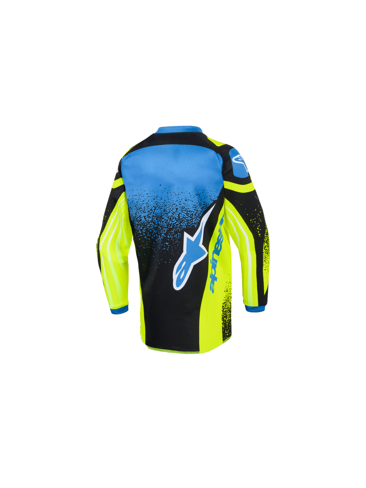 Maillot Alpinestars Kids Racer Nomur 2026, maillot de motocross, jaune, bleu et noir, vue arrière montrant un grand logo d'étoile bleu et blanc, un motif moucheté en dégradé et un pan arrière allongé pour la course tout-terrain