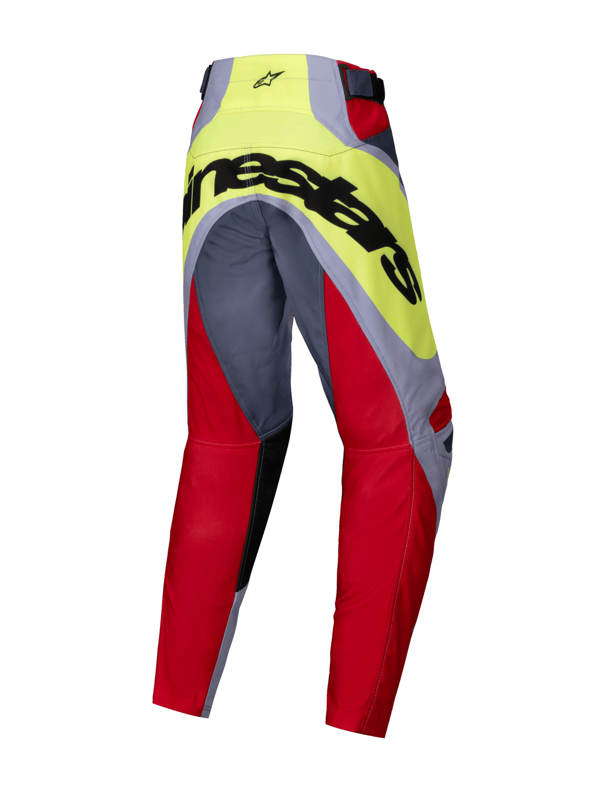 Pantalon Alpinestars Racer Melt Junior 2025, pantalon de motocross, rouge vif et gris avec jaune fluo, vue arrière montrant le grand marquage Alpinestars noir sur l'assise, conception pré-cintrée pour la performance tout-terrain