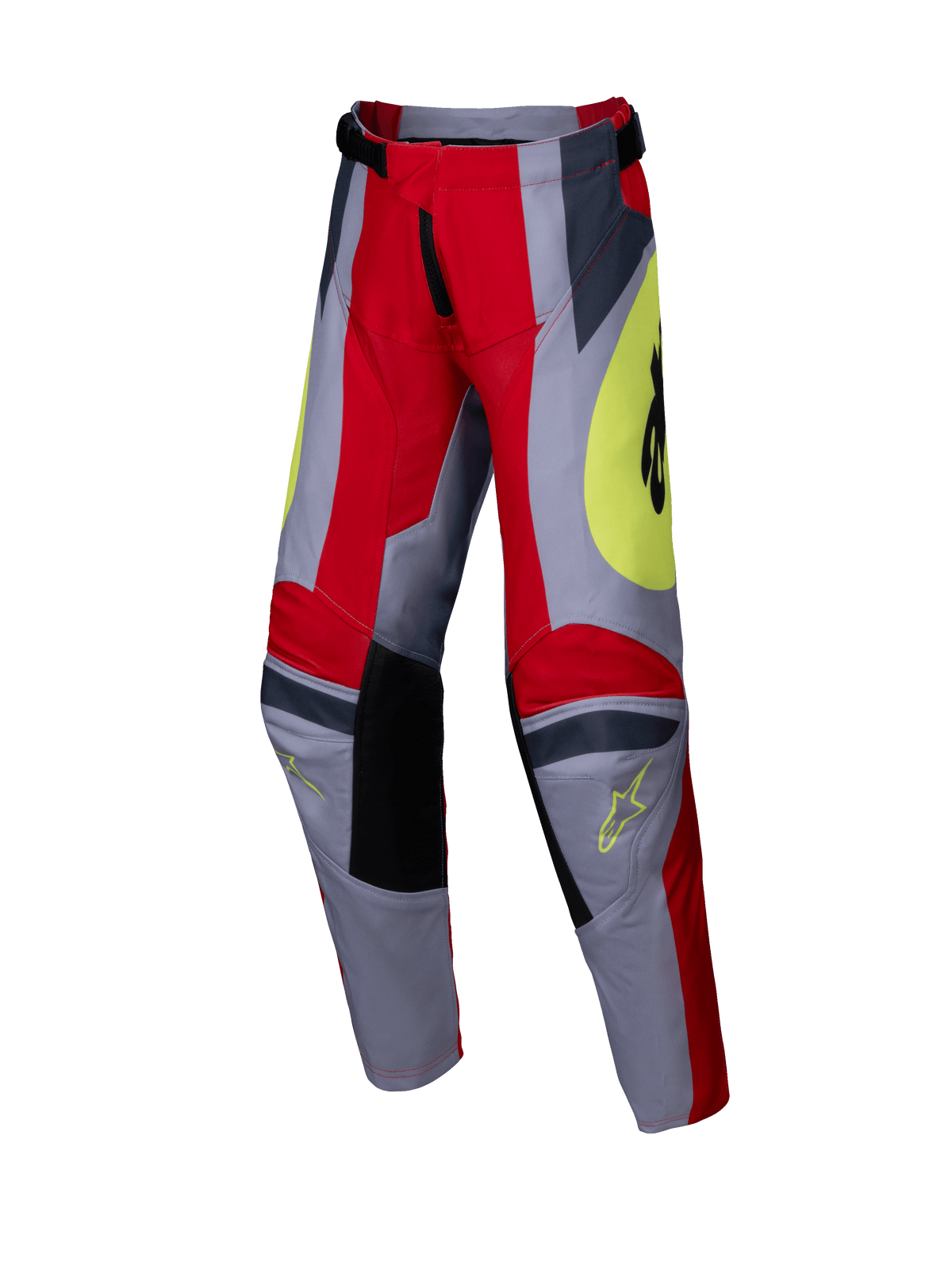 Alpinestars 2025 Youth Racer Melt Pants, pantalon de motocross pour enfant, rouge vif et gris avec accents jaunes, avec panneaux de genoux renforcés noirs, graphismes angulaires et logos Astars, conception durable pour le tout-terrain