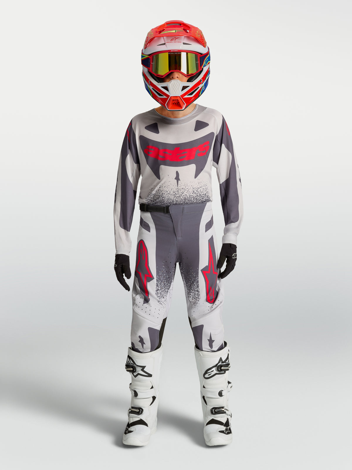 Alpinestars Youth Supertech Swan Pants, gray and red fluo motocross racing gear, youth gear set, performance athletic fit.