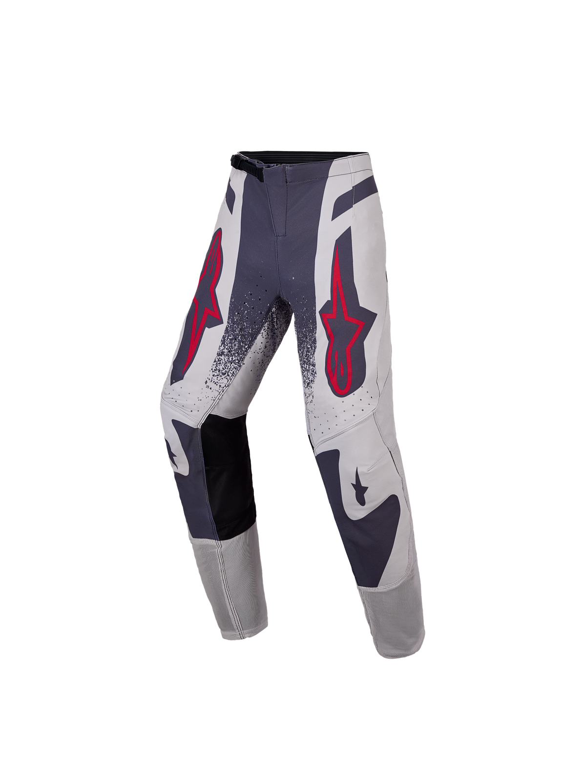 Alpinestars 2027 Youth Supertech Swan Pants, gray and red fluo motocross gear with stretch rip-stop textile.