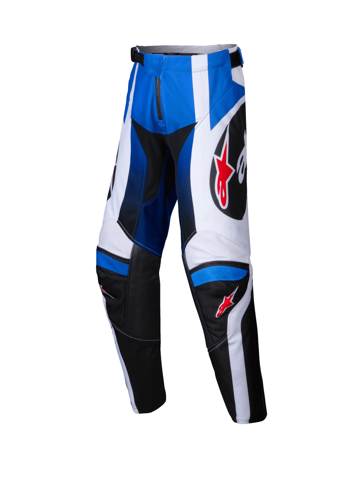 Alpinestars Pantalon Youth Racer Wurx 2025, pantalon de motocross, bleu, noir et blanc, logos étoile rouge, équipement de course tout-terrain pour jeunes