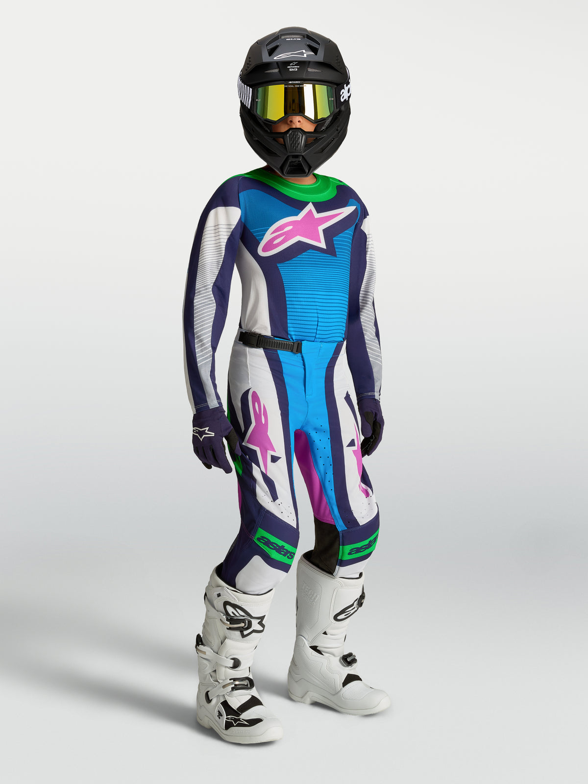 Alpinestars Pantalon Supertech Maven Junior, pantalon de motocross pour enfant, bleu, blanc et vert, coupe athlétique pour le pilotage MX intensif
