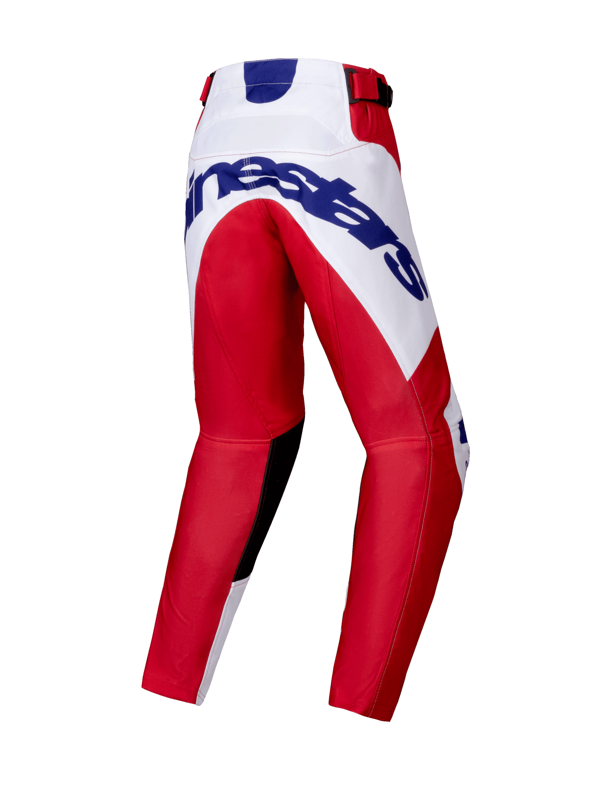 Alpinestars 2025 Youth Racer Veil Pants, pantalon de motocross, rouge vif et blanc, vue arrière montrant un grand logo Alpinestars bleu sur l'assise, jambes pré-cintrées, empiècements intérieurs noirs aux genoux et fermeture à cliquet à la taille.