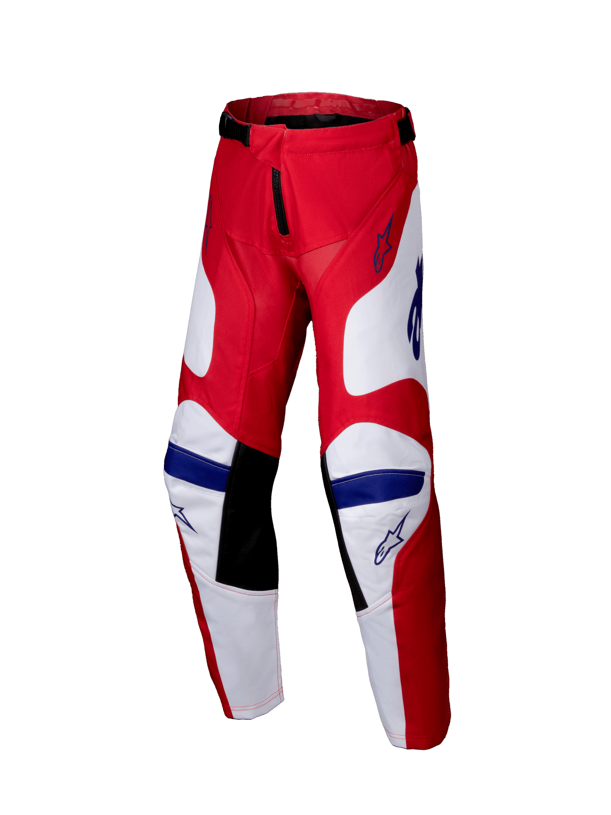 Alpinestars 2025 Youth Racer Veil Pants, pantalon de motocross, rouge vif et blanc avec accents bleus, panneaux intérieurs aux genoux noirs, design ergonomique pré-cintré, poly-tissu durable pour la course tout-terrain