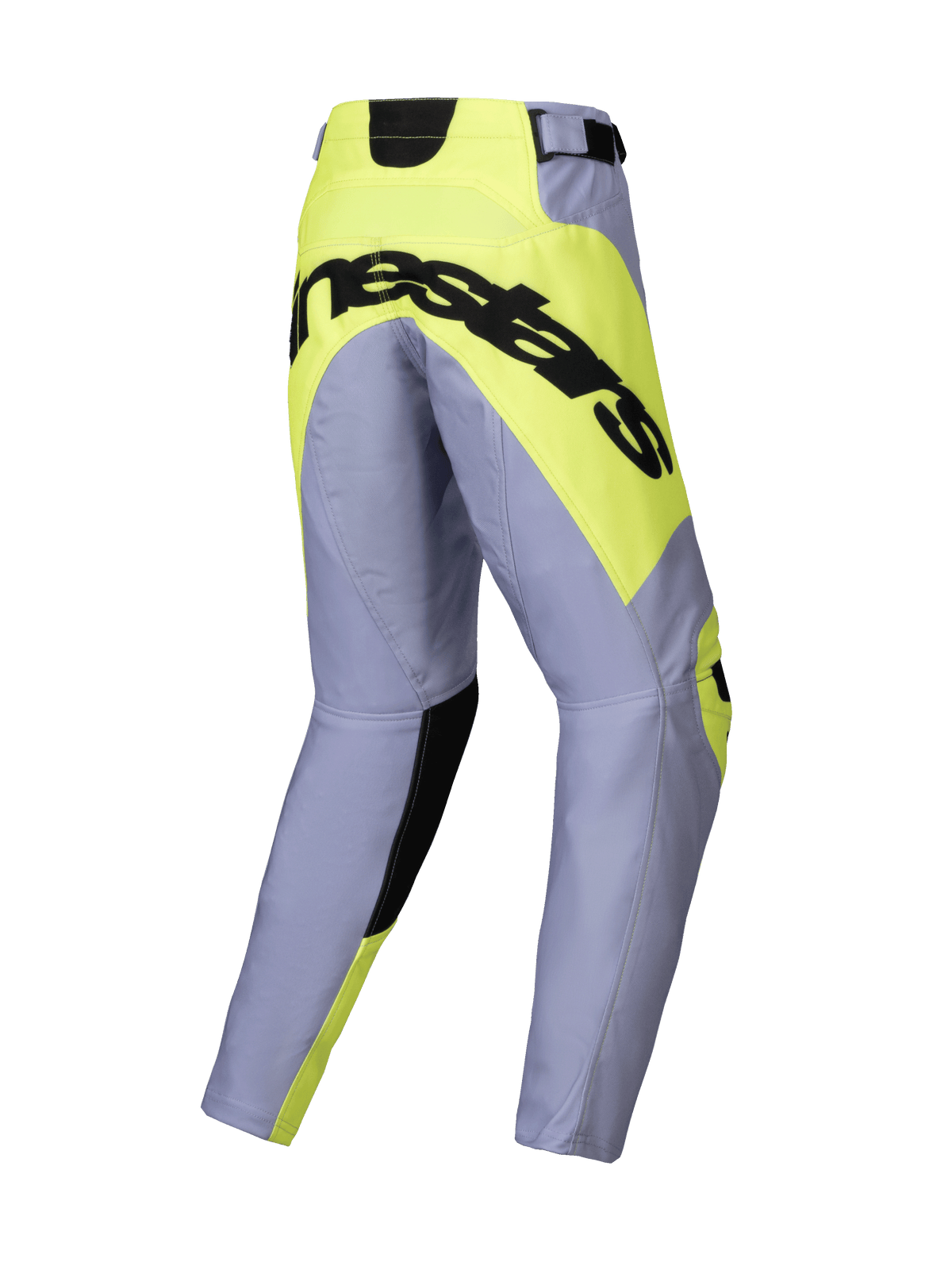 Alpinestars 2025 Youth Racer Veil Pants, pantalon de motocross, gris et jaune fluo, vue arrière avec logo Alpinestars noir sur un empiècement d'assise jaune néon, construction de jambe pré-courbée pour la course tout-terrain