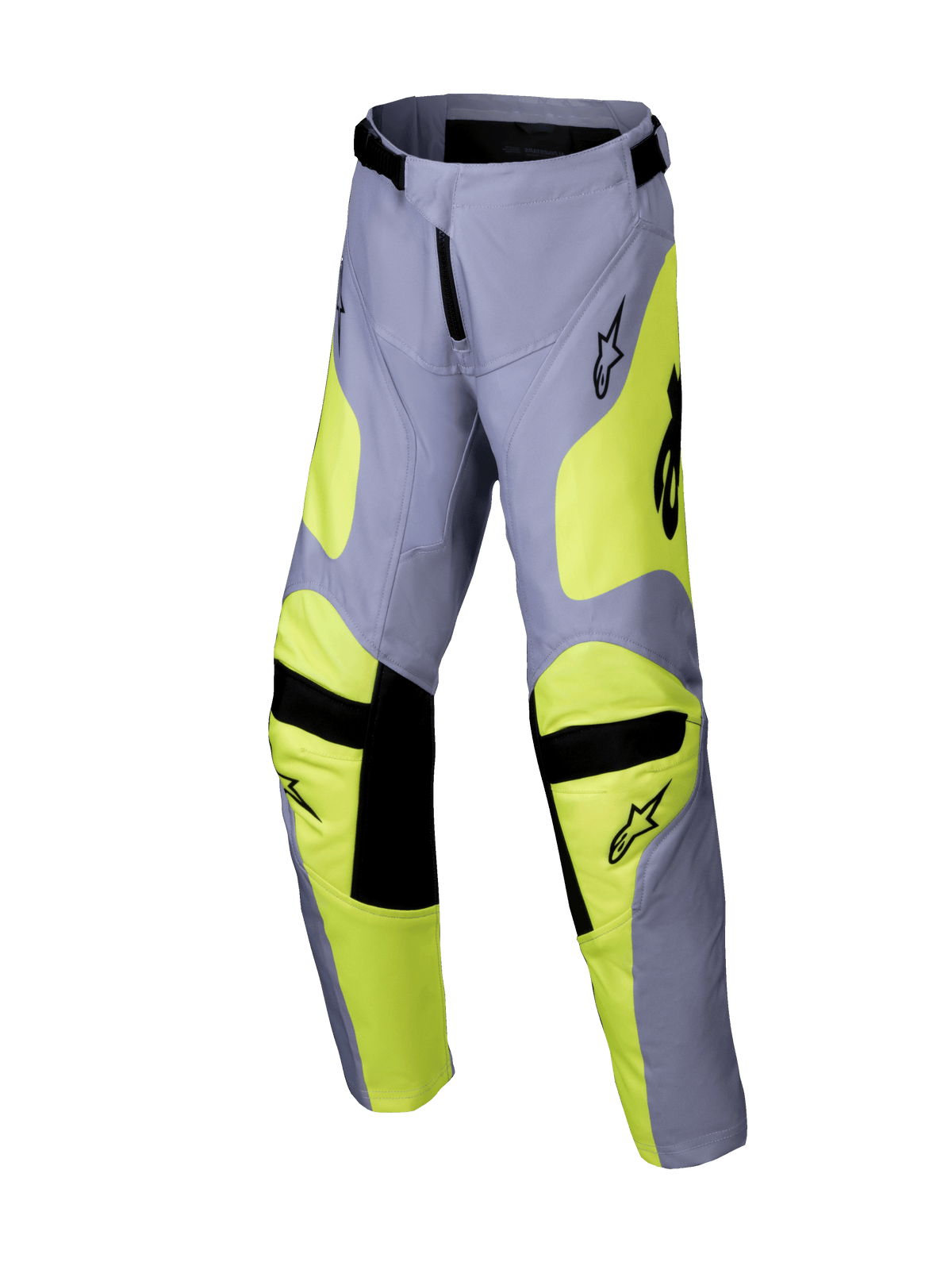 Alpinestars 2025 Youth Racer Veil Pants, pantalon de motocross pour enfant, gris et jaune fluo, accents noirs aux genoux et à la taille, design sportif avec jambes pré-cintrées et logos, équipement de course tout-terrain durable
