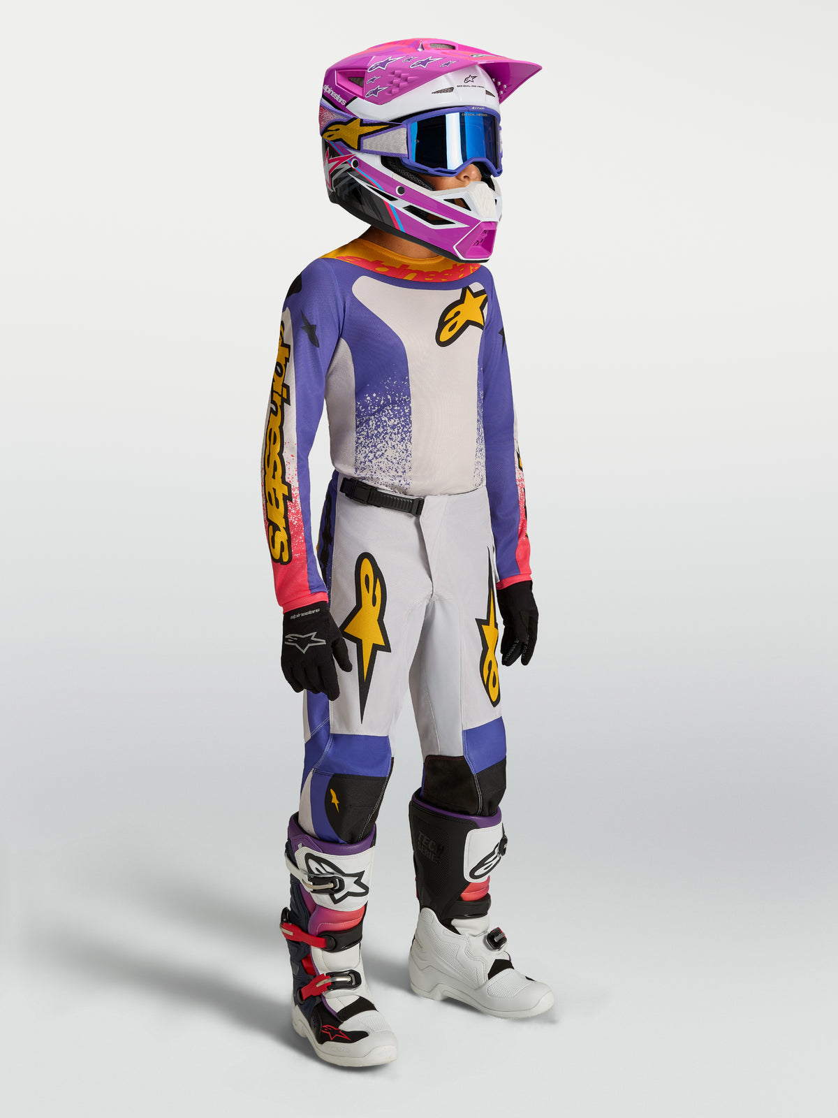 Alpinestars Fluid Drag Junior, pantalon de motocross pour enfant, gris, bleu et doré, textile durable et coupe ergonomique