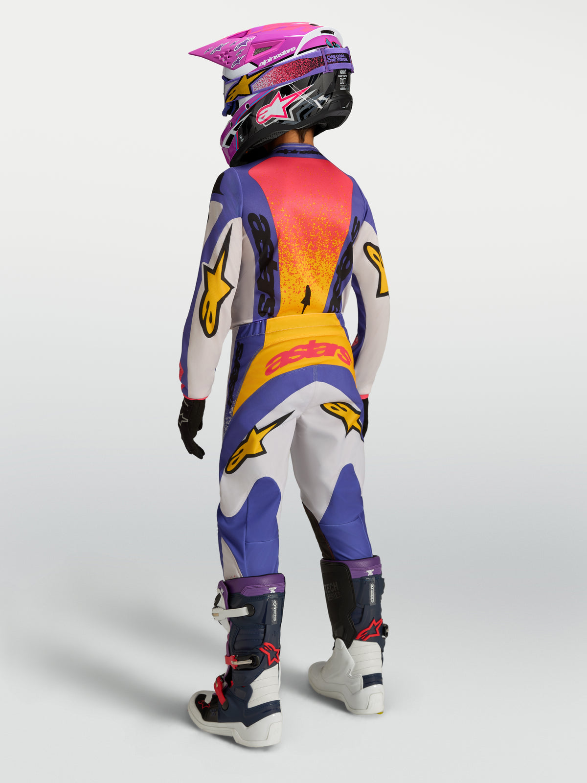 Alpinestars pantalon Fluid Drag Junior, pantalon de motocross junior, bleu et doré, vue de dos, coupe ergonomique et polytissu 600D résistant