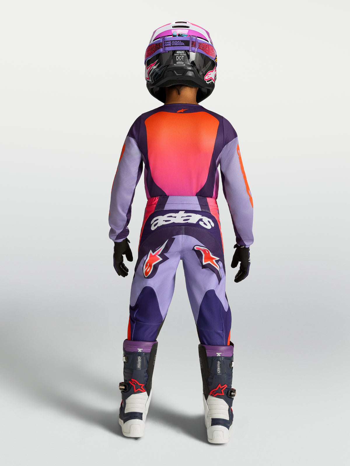 Pantalon Alpinestars Fluid Hunt Junior 2027, pantalon de motocross pour enfant, violet et rose, vue de dos.