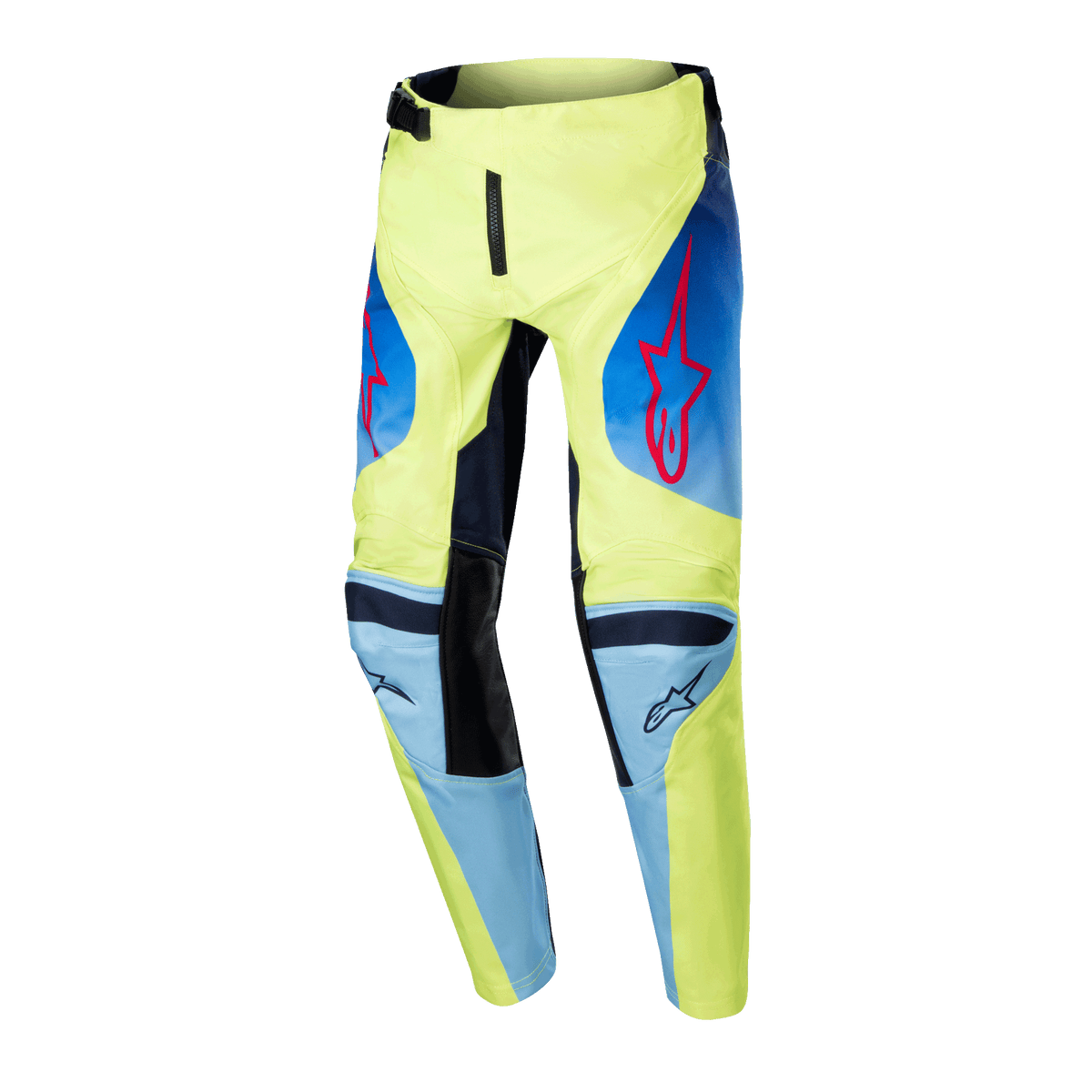 Alpinestars Pantalon Racer Hoen Junior 2024, pantalon de motocross pour enfant, jaune fluo et bleu marine avec logos étoiles Alpinestars rouges, empiècements bleu marine et genoux renforcés noirs, design sportif pour la course tout-terrain