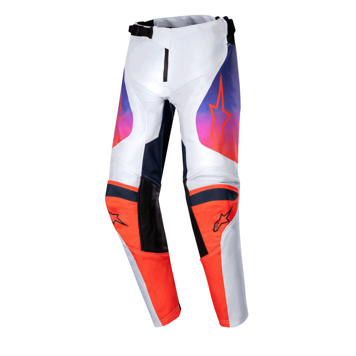 Alpinestars 2024 Youth Racer Hoen Pants, pantalon de motocross, gris clair, orange vif et noir, doté de panneaux de genoux orange vif avec logos noirs et de graphismes en dégradé du violet à l'orange sur les cuisses, conception ergonomique pré-courbée pour la course tout-terrain