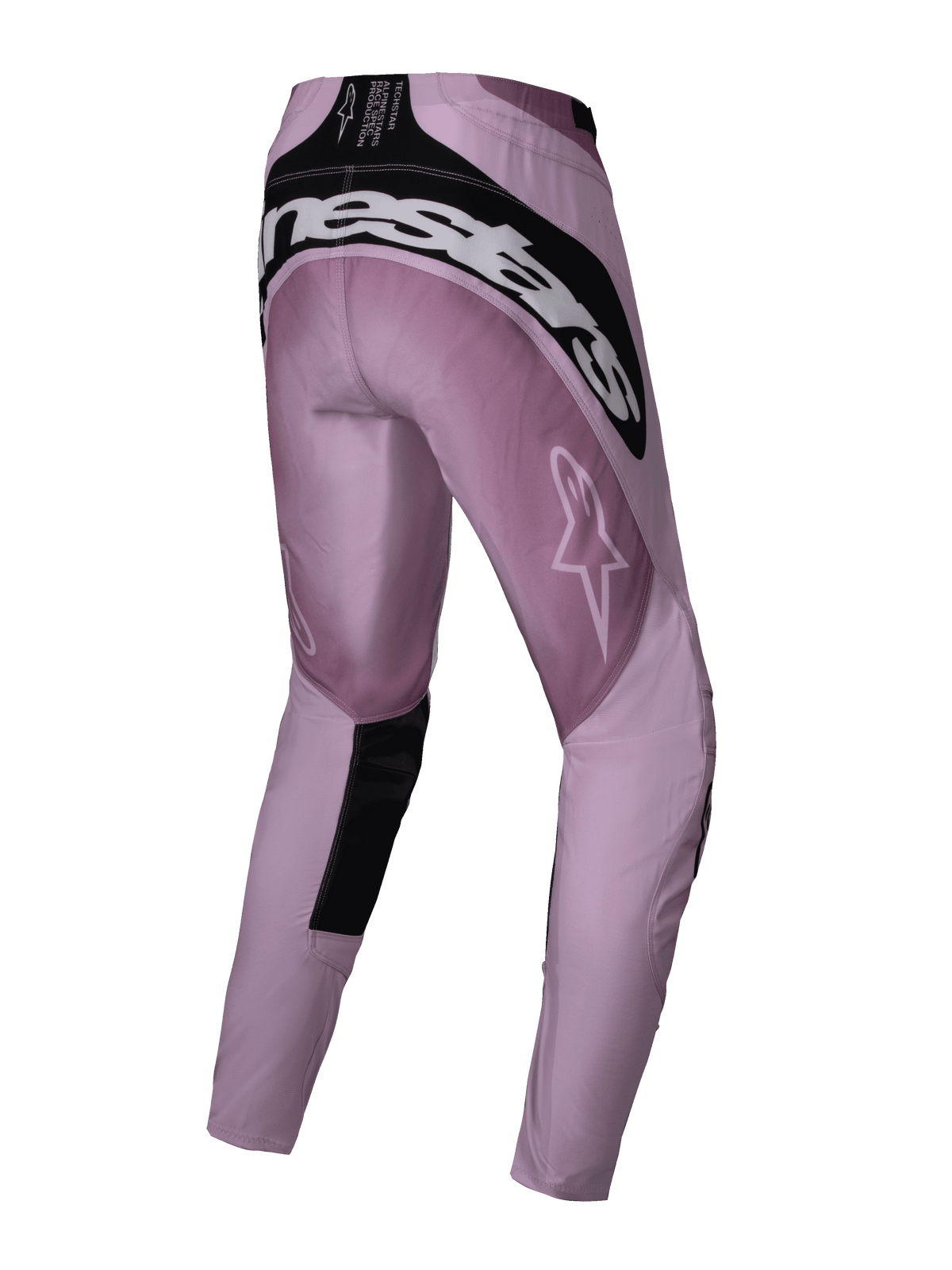 Alpinestars Stella Techstar Melt 2025 pour femme, pantalon de motocross, blush et noir, vue de trois-quarts arrière montrant le logo Alpinestars blanc sur l'empiècement arrière, tissu ripstop rose avec accents noirs, conçu pour la performance en course tout-terrain
