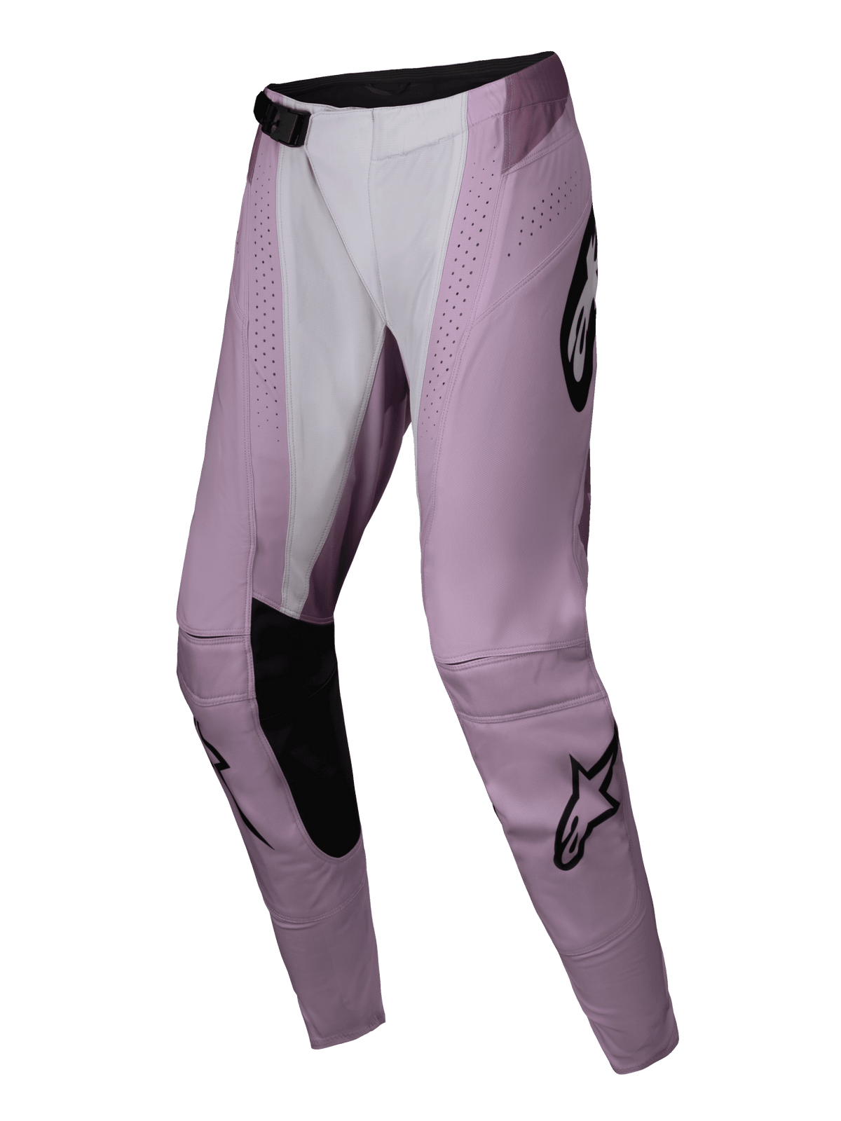 Alpinestars 2025 Stella Techstar Melt, pantalon de motocross pour femme, rose et blanc avec accents noirs, avec perforations laser, genoux renforcés et logos étoiles emblématiques, conçu pour la course tout-terrain haute performance