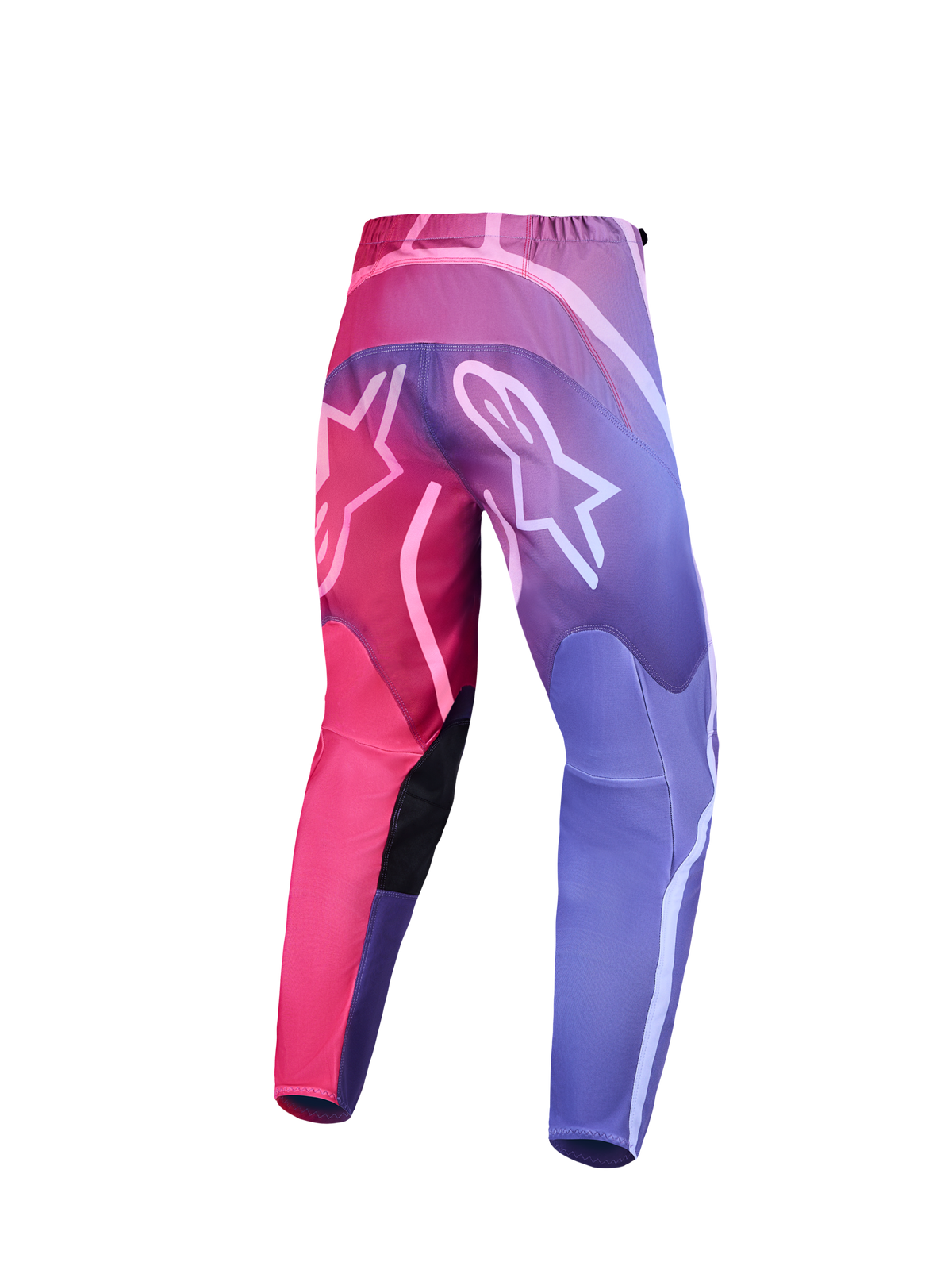Alpinestars Stella Fluid Kepler, pantalon de motocross femme, dégradé rose et violet, vue arrière, logos Astar blancs.