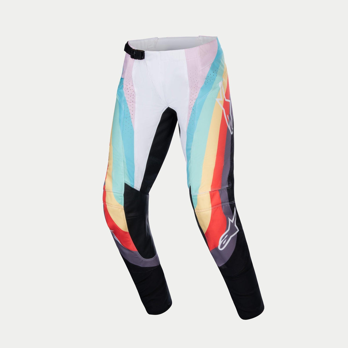 Pantalon Alpinestars Stella Techstar 2024 pour femme, pantalon de motocross, noir multicolore avec des panneaux graphiques blancs, turquoise, jaunes et rouges, doté d'une boucle de taille magnétique noire, de logos Alpinestars sur les jambes et de sections perforées pour la ventilation, conçu pour la course tout-terrain.
