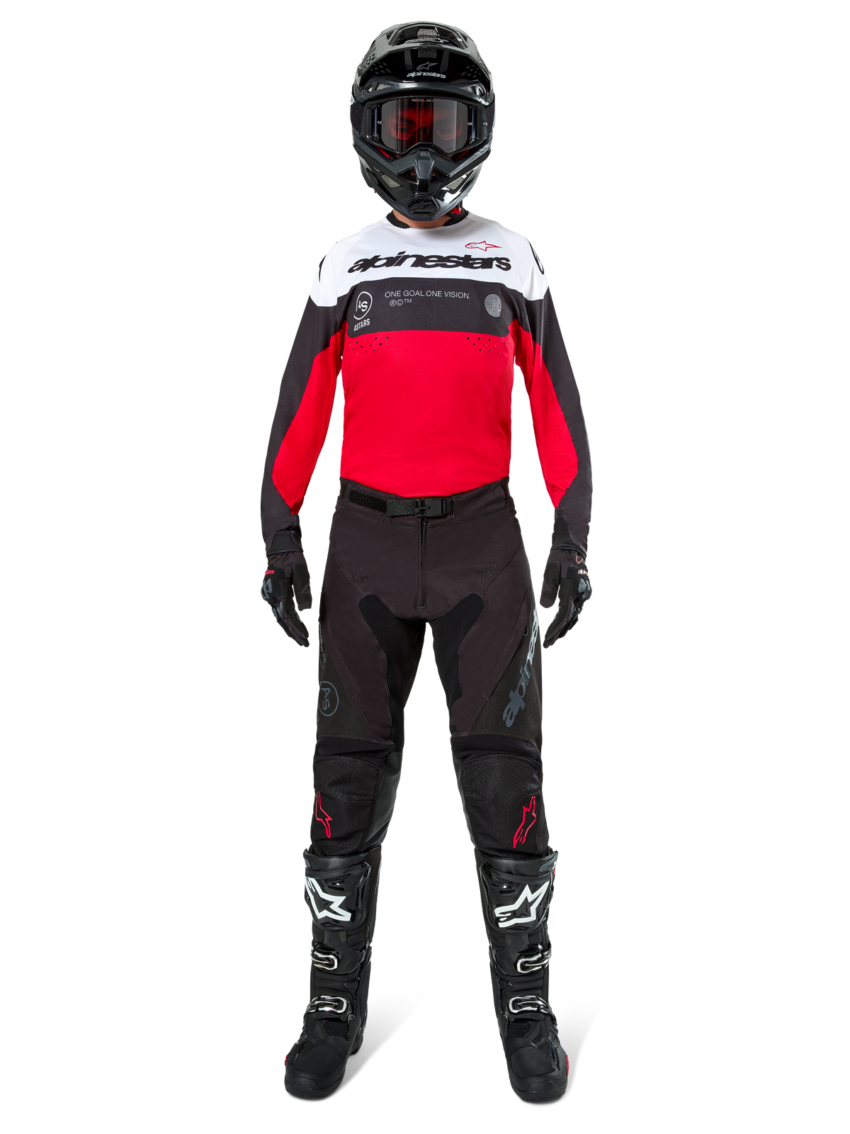 Motocross rider wearing the Alpinestars Pro-Dura Jersey in Black, Bright Red, and White, paired with black pants, black boots, and a black helmet, complete off-road racing gear.