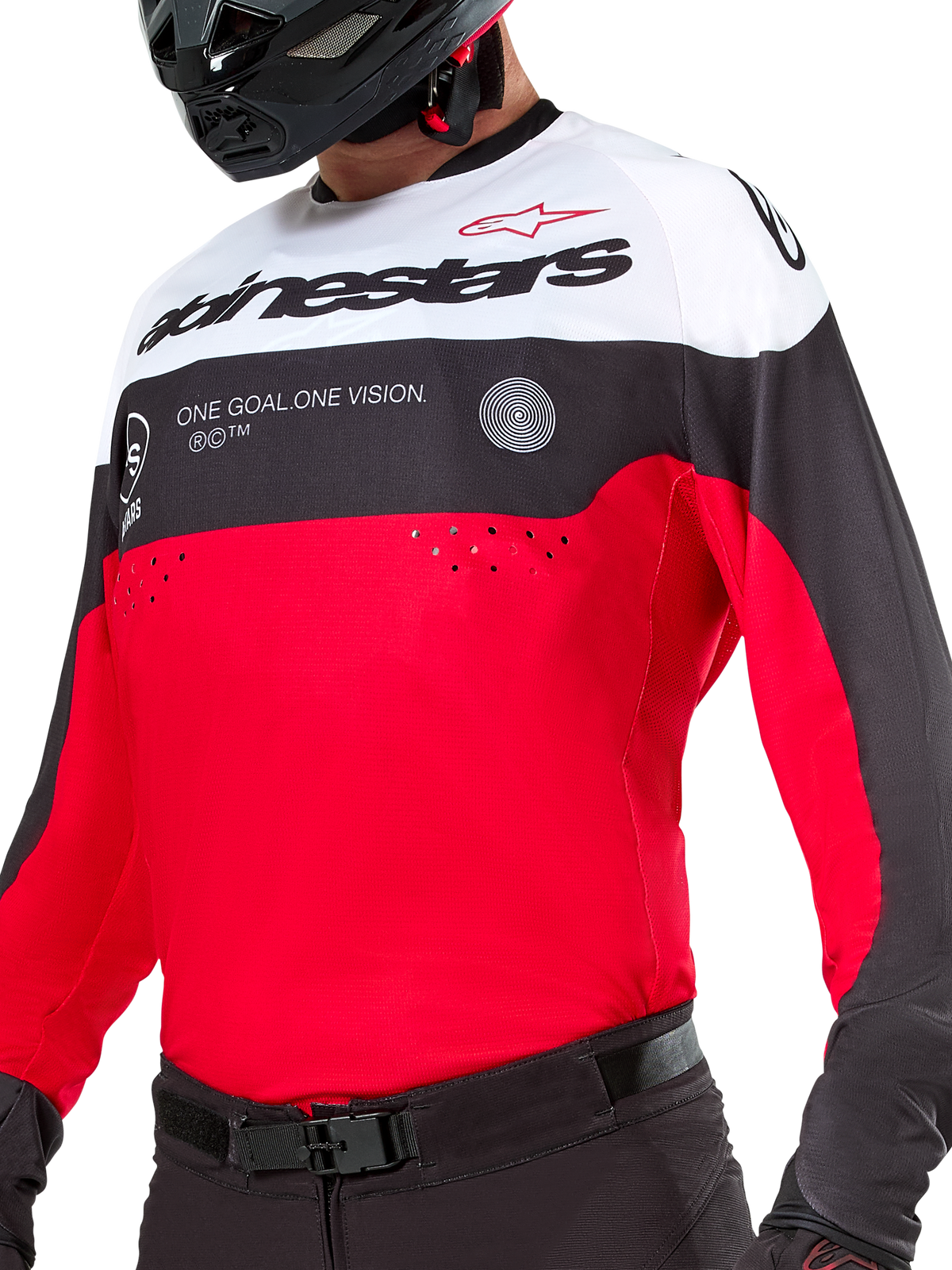 Alpinestars Pro-Dura Jersey, Motocross and Enduro Jersey, Black Bright Red and White, featuring 'ONE GOAL. ONE VISION.' graphic and laser perforations on the chest, worn with black motocross pants and helmet.