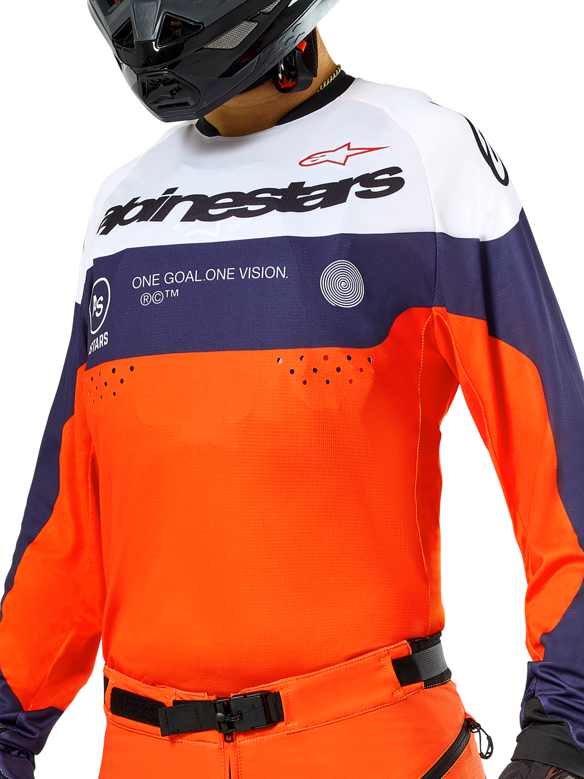 Maillot Alpinestars Pro-Dura, maillot de motocross et d'enduro, bleu marine, orange et blanc, textile léger avec construction respirante, manches longues avec poignets extensibles, design sportif tout-terrain