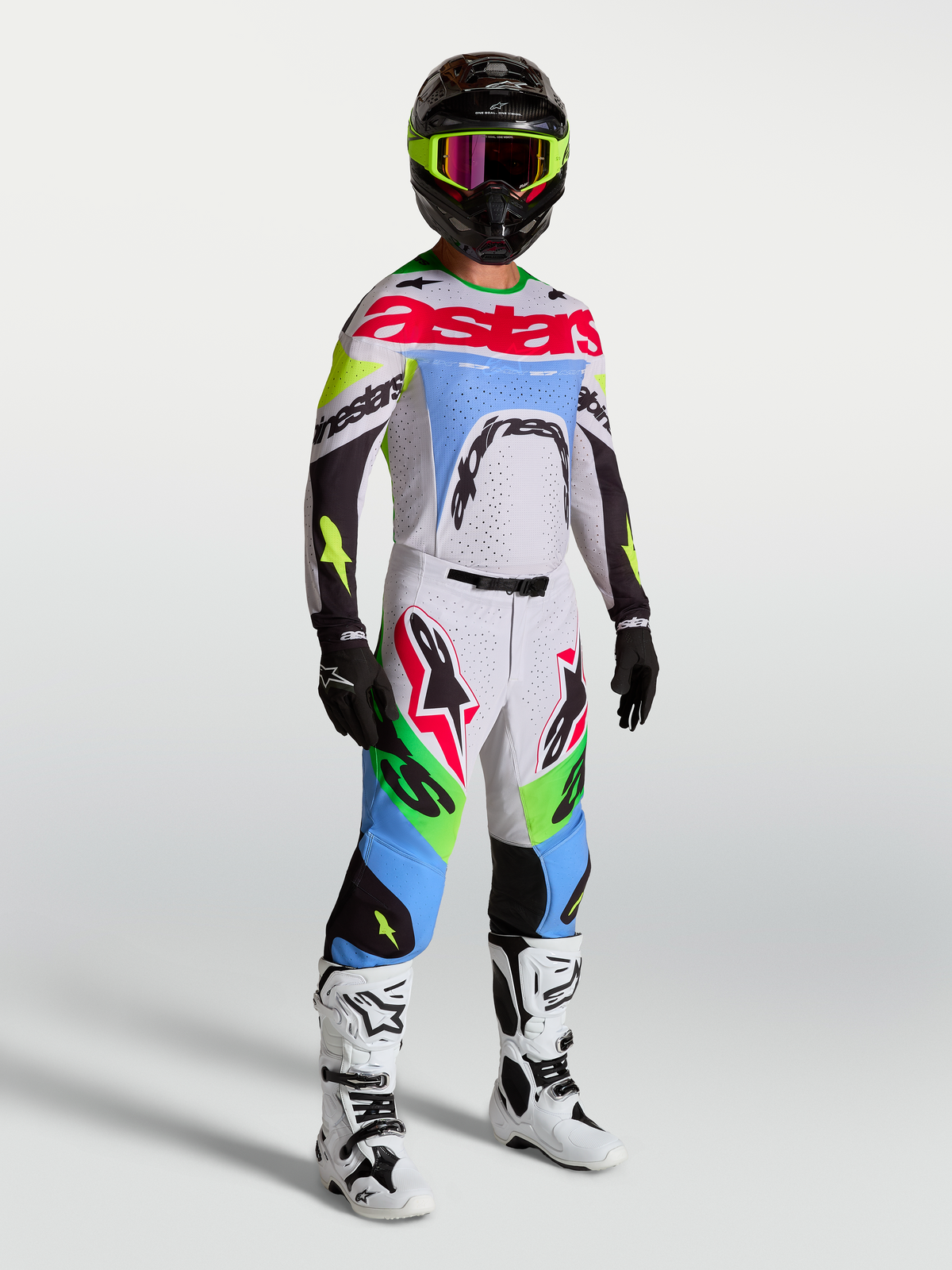 Alpinestars 2027 Supertech Dyna Jersey and Gear Set, light lilac and green fluo motocross outfit, athletic race fit.