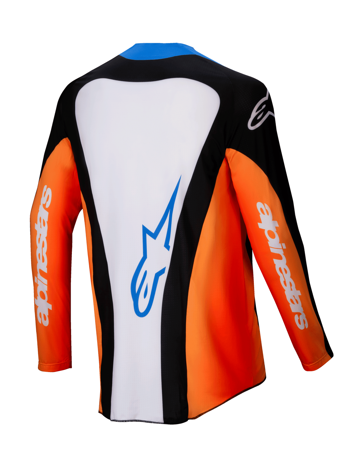 Alpinestars 2025 Techstar Melt Jersey, Motocross Jersey, Back View, Orange White and Black with Blue accents, white central panel featuring blue logo, orange sleeves with white branding, high-performance off-road racing gear